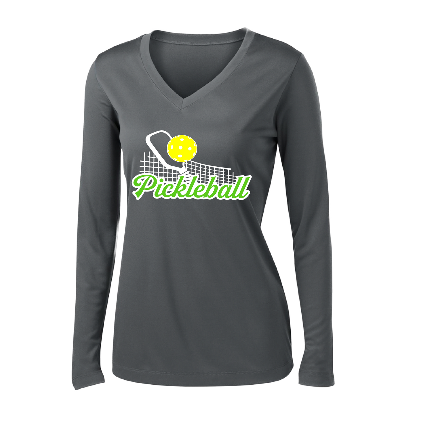 Pickleball Design: Pickleball and Net  Women's Style: Long Sleeve V-Neck  Turn up the volume in this Women's shirt with its perfect mix of softness and attitude. Material is ultra-comfortable with moisture wicking properties and tri-blend softness. PosiCharge technology locks in color. Highly breathable and lightweight.