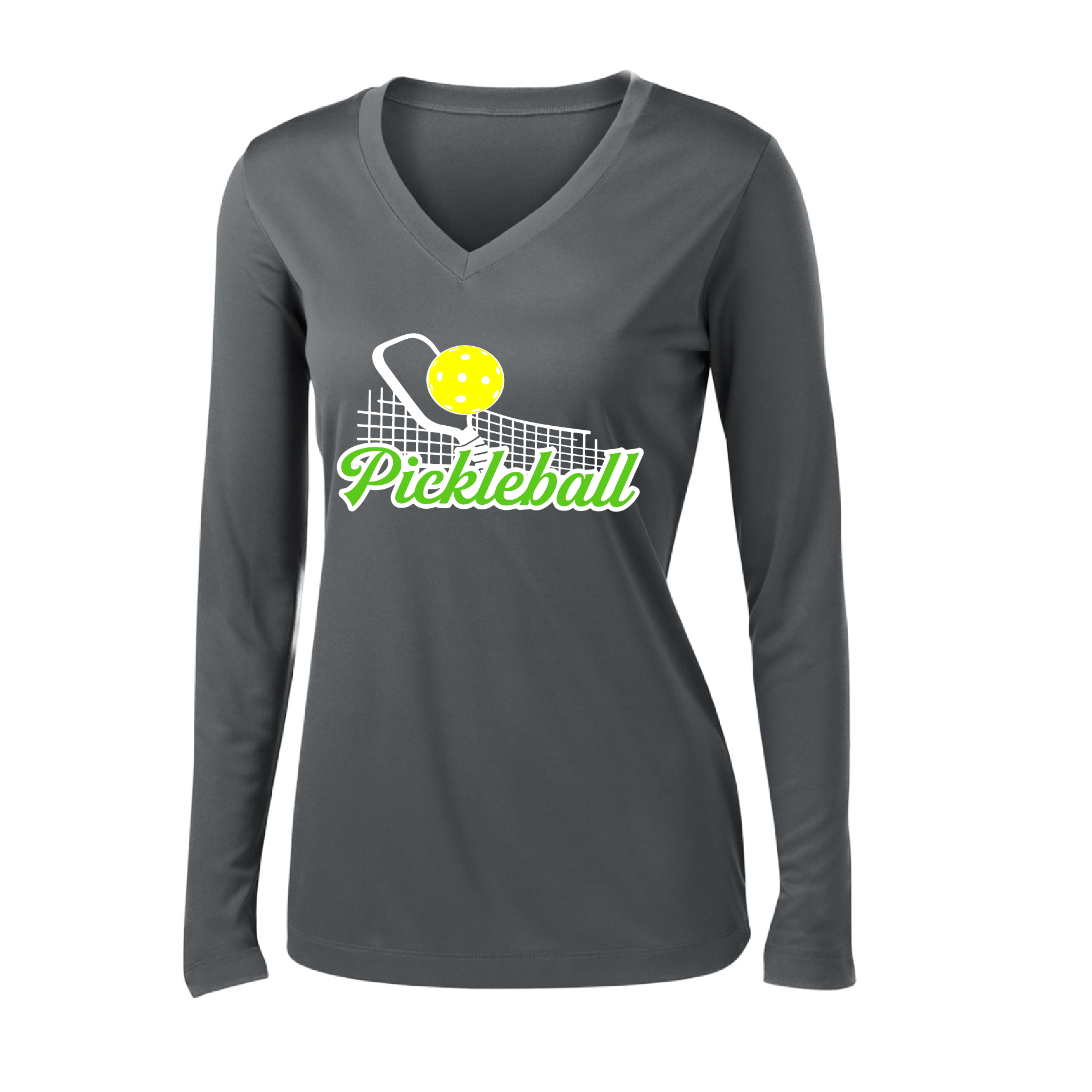 Pickleball Design: Pickleball and Net  Women's Style: Long Sleeve V-Neck  Turn up the volume in this Women's shirt with its perfect mix of softness and attitude. Material is ultra-comfortable with moisture wicking properties and tri-blend softness. PosiCharge technology locks in color. Highly breathable and lightweight.