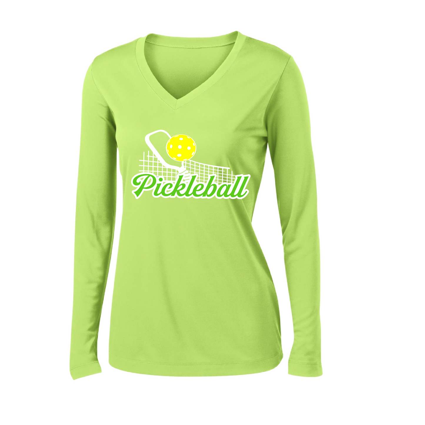 Pickleball Design: Pickleball and Net  Women's Style: Long Sleeve V-Neck  Turn up the volume in this Women's shirt with its perfect mix of softness and attitude. Material is ultra-comfortable with moisture wicking properties and tri-blend softness. PosiCharge technology locks in color. Highly breathable and lightweight.