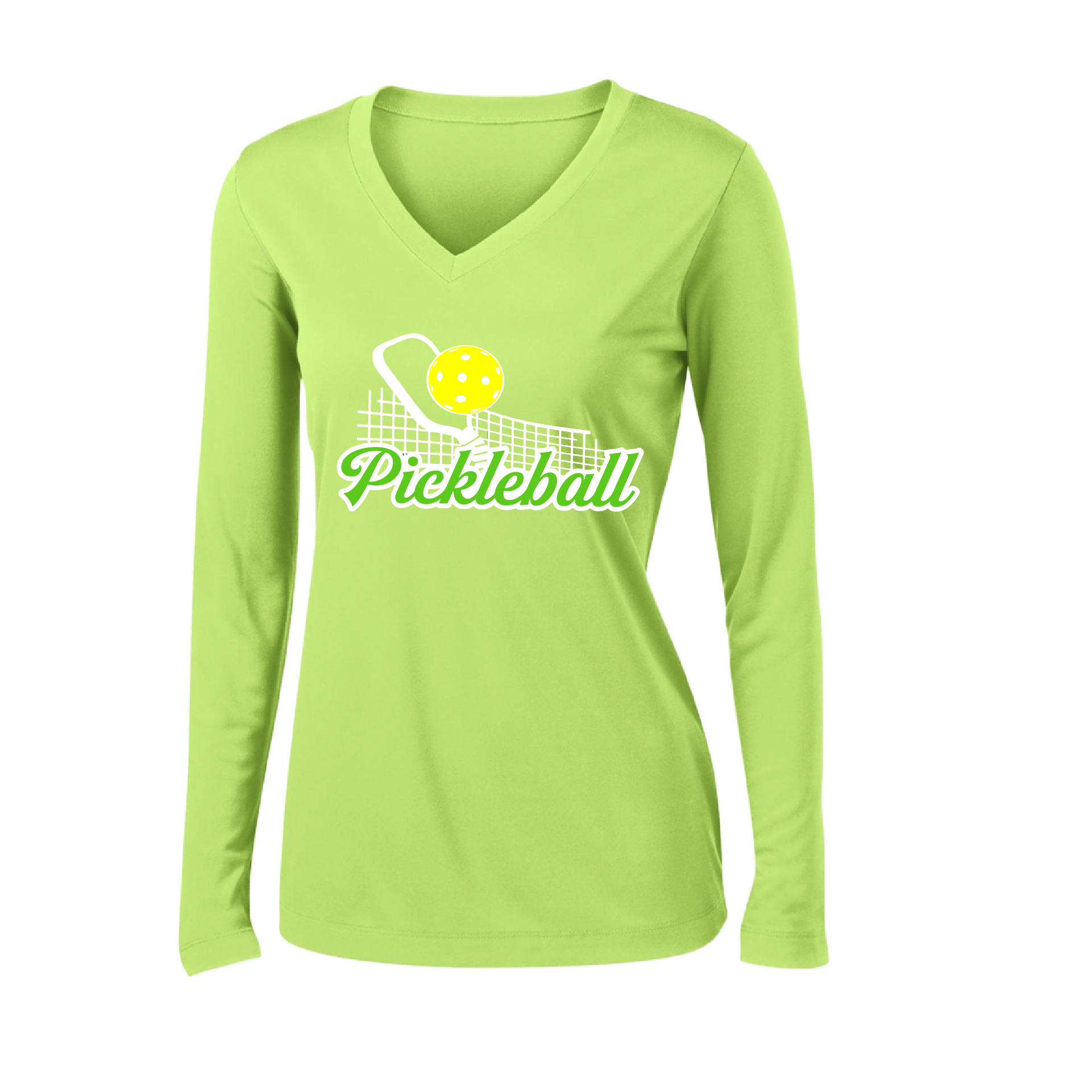 Pickleball Design: Pickleball and Net  Women's Style: Long Sleeve V-Neck  Turn up the volume in this Women's shirt with its perfect mix of softness and attitude. Material is ultra-comfortable with moisture wicking properties and tri-blend softness. PosiCharge technology locks in color. Highly breathable and lightweight.