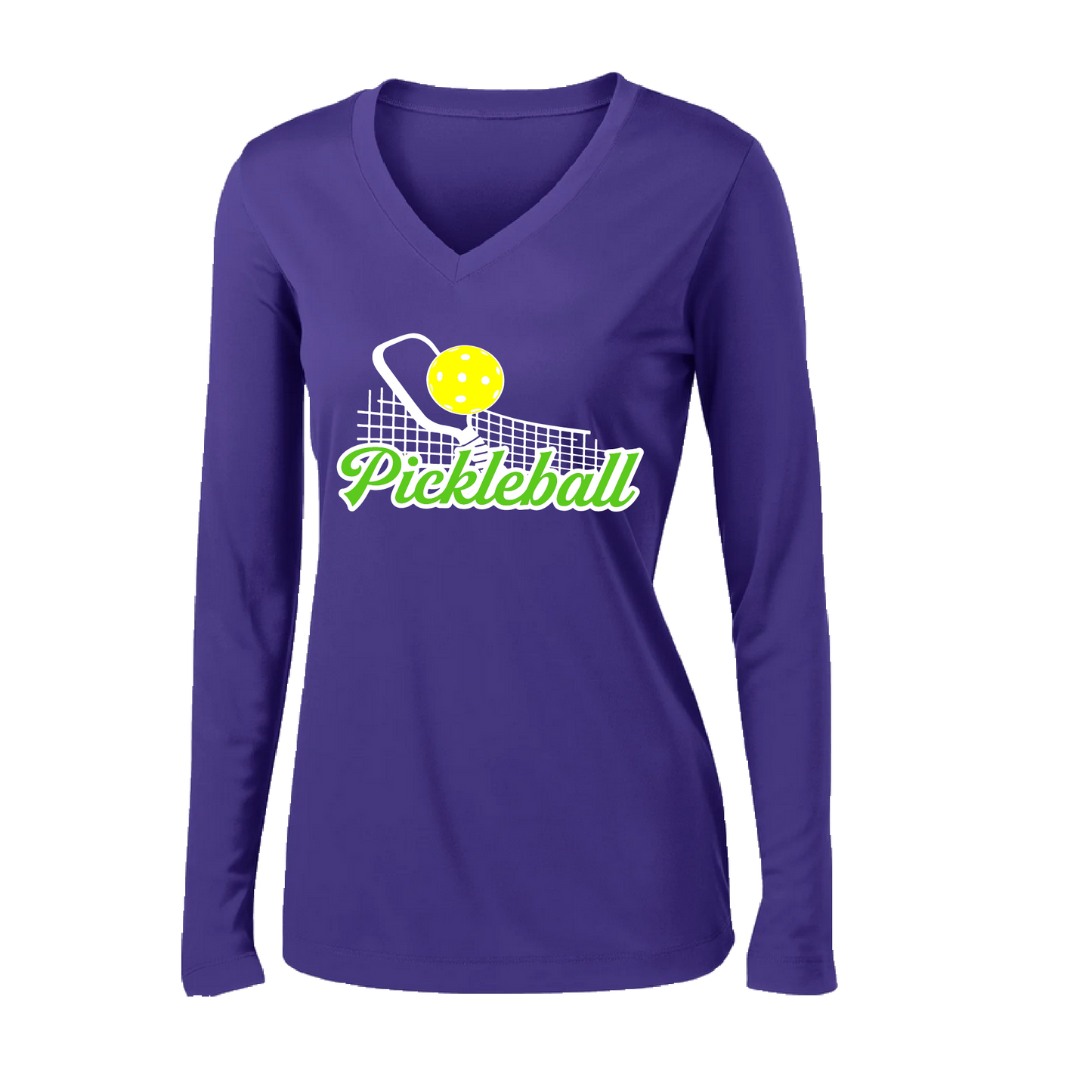 Pickleball Design: Pickleball and Net  Women's Style: Long Sleeve V-Neck  Turn up the volume in this Women's shirt with its perfect mix of softness and attitude. Material is ultra-comfortable with moisture wicking properties and tri-blend softness. PosiCharge technology locks in color. Highly breathable and lightweight.