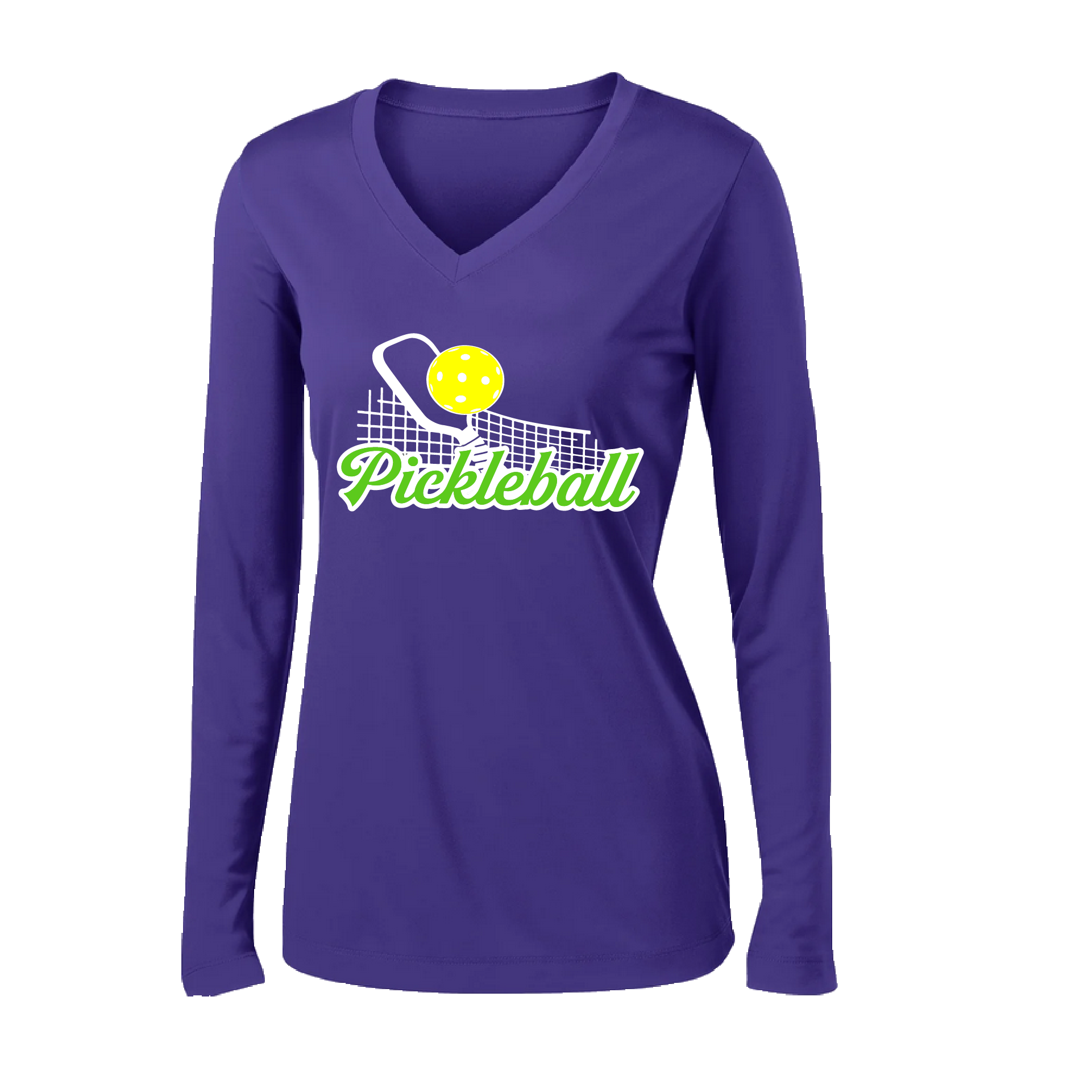 Pickleball Design: Pickleball and Net  Women's Style: Long Sleeve V-Neck  Turn up the volume in this Women's shirt with its perfect mix of softness and attitude. Material is ultra-comfortable with moisture wicking properties and tri-blend softness. PosiCharge technology locks in color. Highly breathable and lightweight.