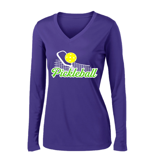 Pickleball Design: Pickleball and Net  Women's Style: Long Sleeve V-Neck  Turn up the volume in this Women's shirt with its perfect mix of softness and attitude. Material is ultra-comfortable with moisture wicking properties and tri-blend softness. PosiCharge technology locks in color. Highly breathable and lightweight.