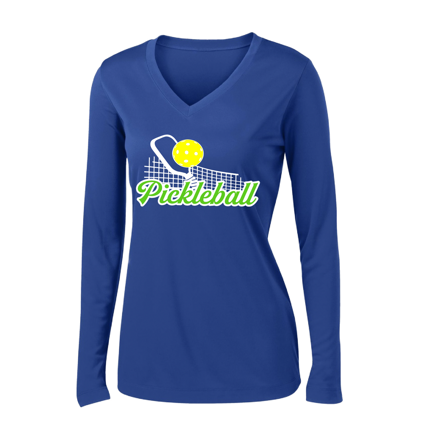 Pickleball Design: Pickleball and Net  Women's Style: Long Sleeve V-Neck  Turn up the volume in this Women's shirt with its perfect mix of softness and attitude. Material is ultra-comfortable with moisture wicking properties and tri-blend softness. PosiCharge technology locks in color. Highly breathable and lightweight.