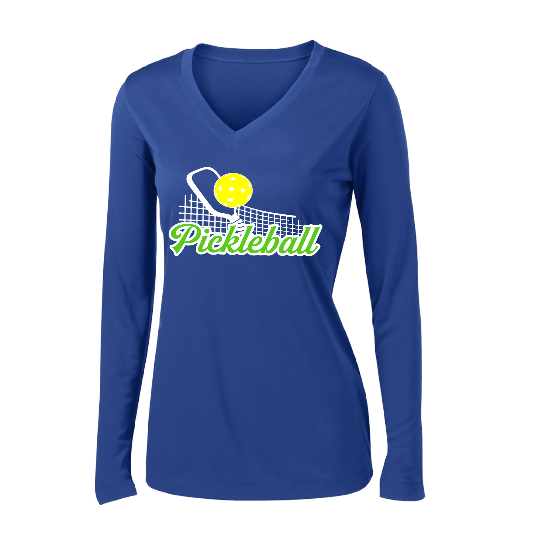 Pickleball Design: Pickleball and Net  Women's Style: Long Sleeve V-Neck  Turn up the volume in this Women's shirt with its perfect mix of softness and attitude. Material is ultra-comfortable with moisture wicking properties and tri-blend softness. PosiCharge technology locks in color. Highly breathable and lightweight.