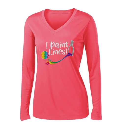 Pickleball Design: I Paint Lines  Women's Style: Long Sleeve V-Neck  Turn up the volume in this Women's shirt with its perfect mix of softness and attitude. Material is ultra-comfortable with moisture wicking properties and tri-blend softness. PosiCharge technology locks in color. Highly breathable and lightweight.