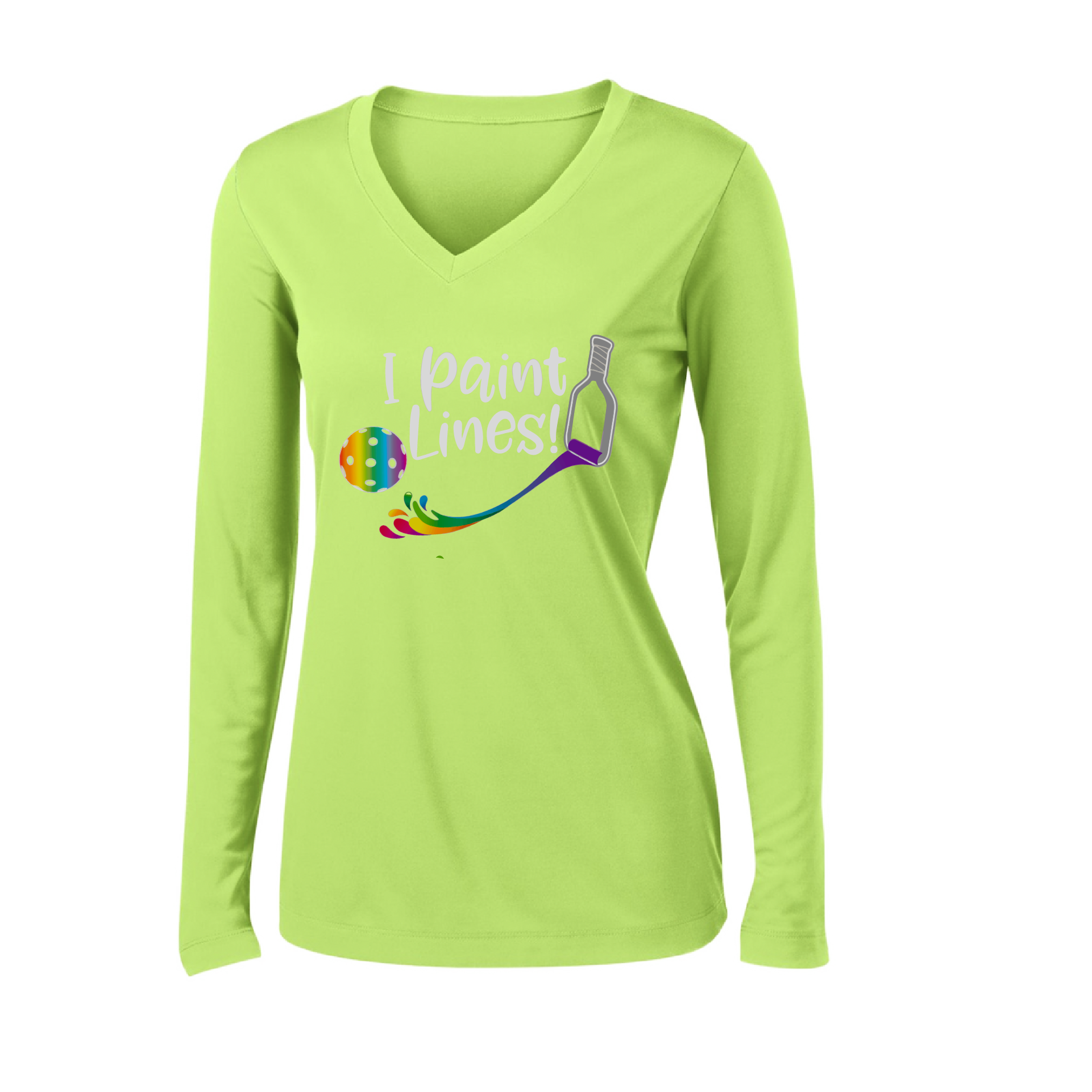 Pickleball Design: I Paint Lines  Women's Style: Long Sleeve V-Neck  Turn up the volume in this Women's shirt with its perfect mix of softness and attitude. Material is ultra-comfortable with moisture wicking properties and tri-blend softness. PosiCharge technology locks in color. Highly breathable and lightweight.