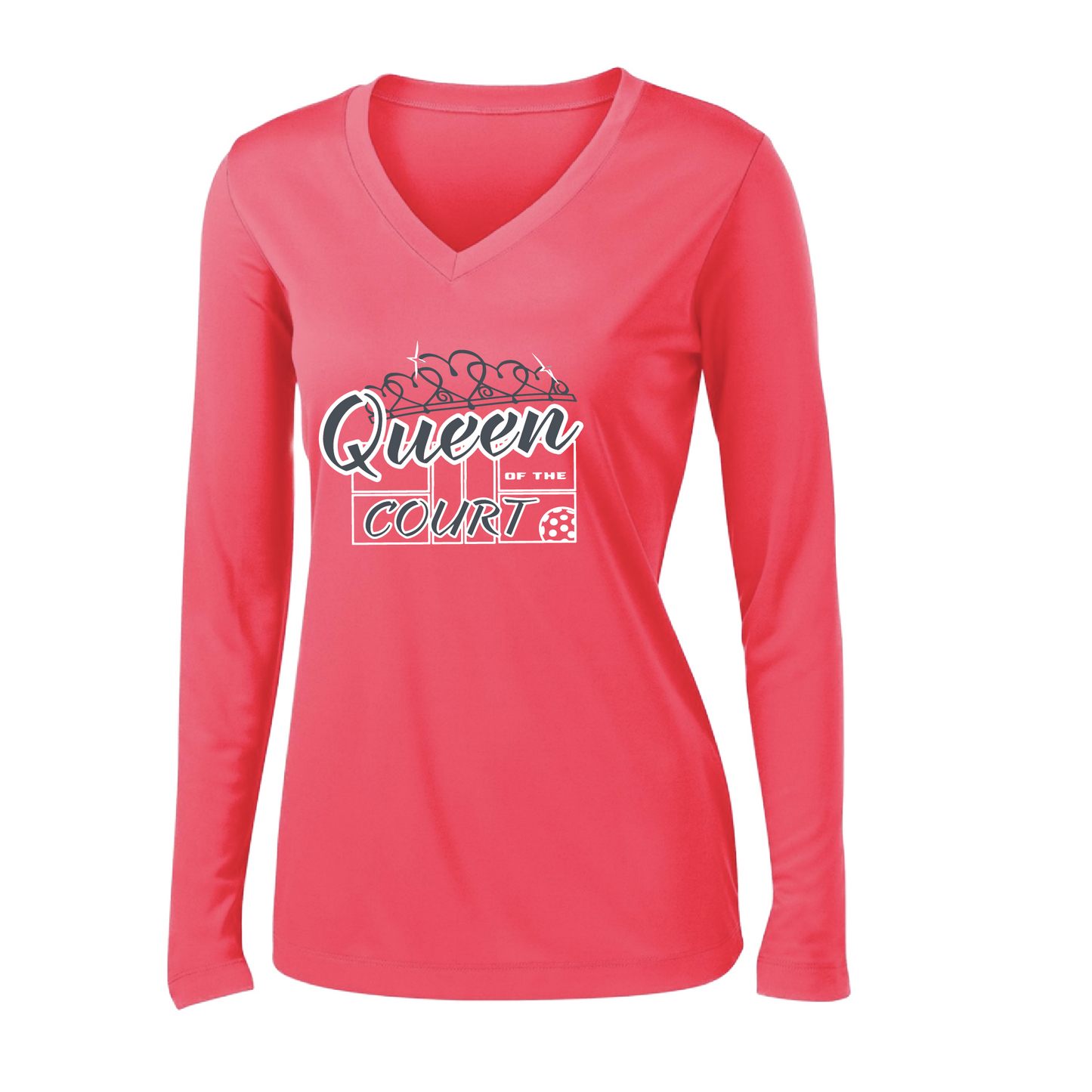 Pickleball Design: Queen of the Court  Women's Style: Long Sleeve V-Neck  Turn up the volume in this Women's shirt with its perfect mix of softness and attitude. Material is ultra-comfortable with moisture wicking properties and tri-blend softness. PosiCharge technology locks in color. Highly breathable and lightweight.