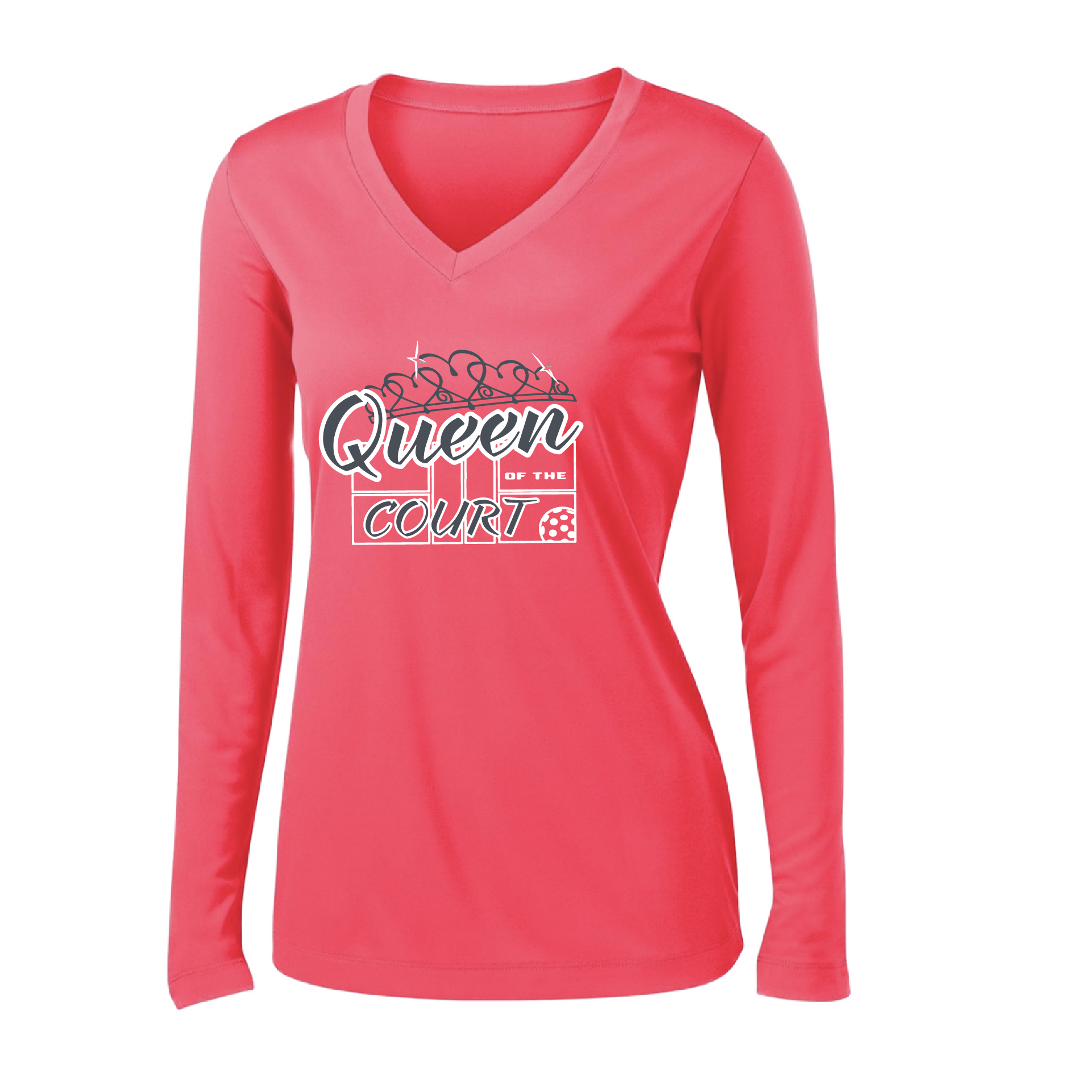 Pickleball Design: Queen of the Court  Women's Style: Long Sleeve V-Neck  Turn up the volume in this Women's shirt with its perfect mix of softness and attitude. Material is ultra-comfortable with moisture wicking properties and tri-blend softness. PosiCharge technology locks in color. Highly breathable and lightweight.