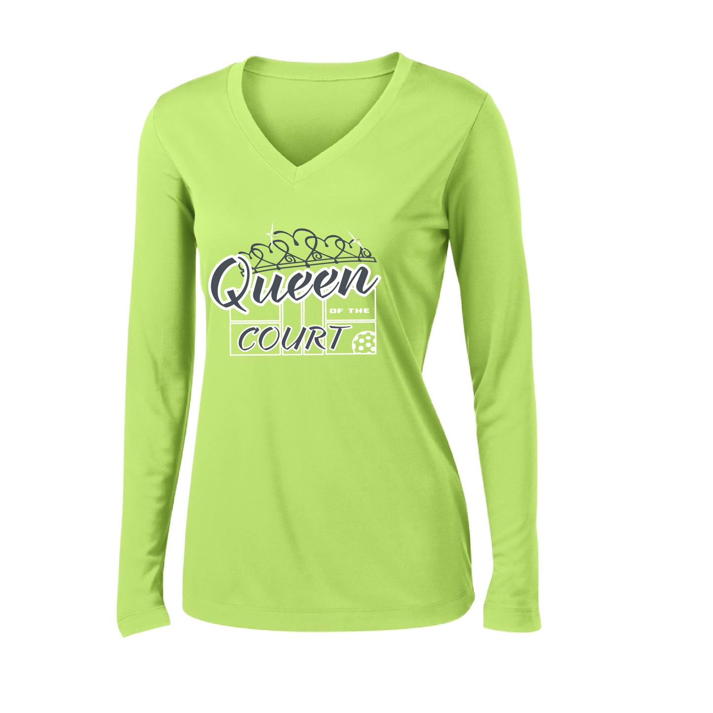 Pickleball Design: Queen of the Court  Women's Style: Long Sleeve V-Neck  Turn up the volume in this Women's shirt with its perfect mix of softness and attitude. Material is ultra-comfortable with moisture wicking properties and tri-blend softness. PosiCharge technology locks in color. Highly breathable and lightweight.