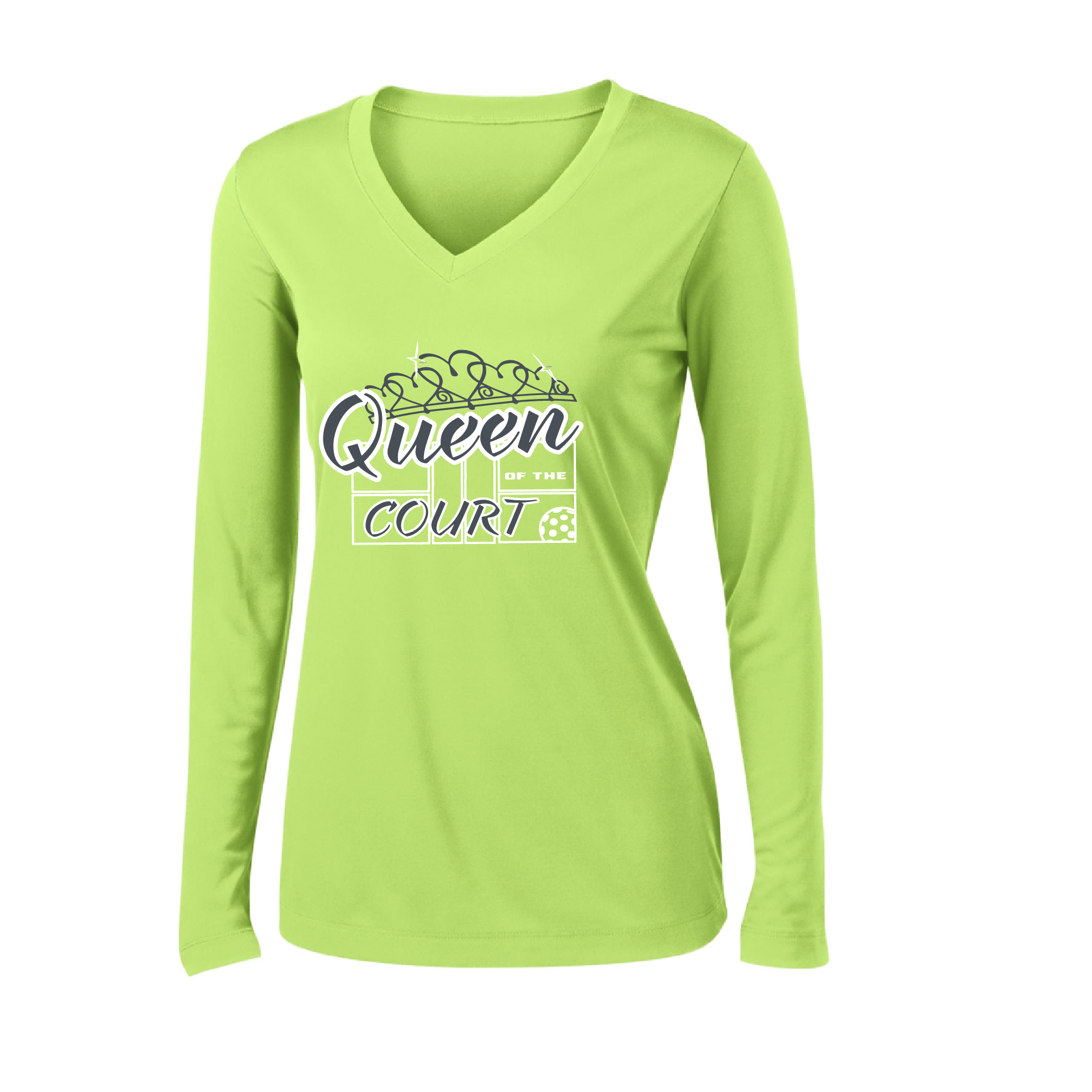 Pickleball Design: Queen of the Court  Women's Style: Long Sleeve V-Neck  Turn up the volume in this Women's shirt with its perfect mix of softness and attitude. Material is ultra-comfortable with moisture wicking properties and tri-blend softness. PosiCharge technology locks in color. Highly breathable and lightweight.