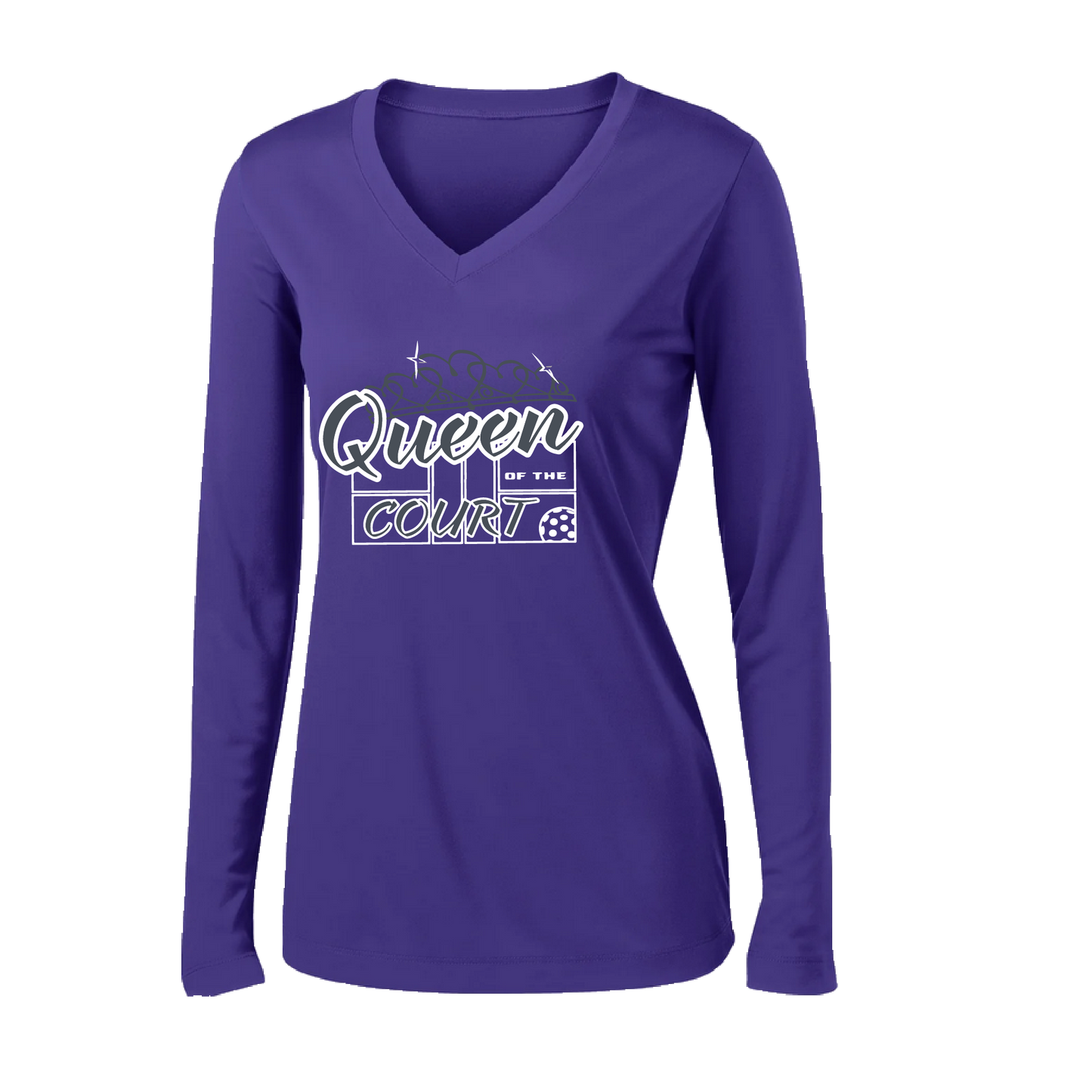 Pickleball Design: Queen of the Court  Women's Style: Long Sleeve V-Neck  Turn up the volume in this Women's shirt with its perfect mix of softness and attitude. Material is ultra-comfortable with moisture wicking properties and tri-blend softness. PosiCharge technology locks in color. Highly breathable and lightweight.