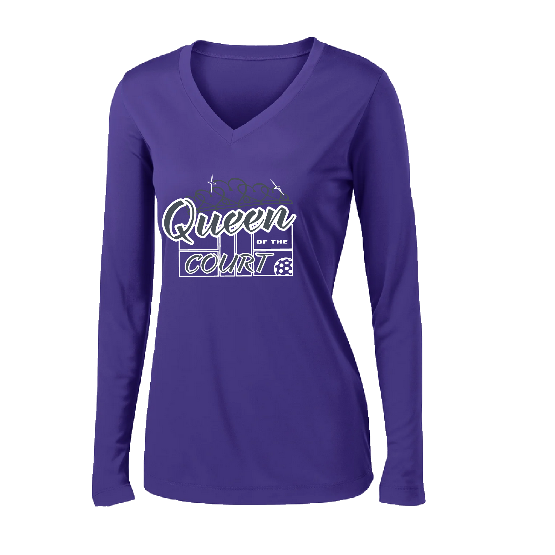 Pickleball Design: Queen of the Court  Women's Style: Long Sleeve V-Neck  Turn up the volume in this Women's shirt with its perfect mix of softness and attitude. Material is ultra-comfortable with moisture wicking properties and tri-blend softness. PosiCharge technology locks in color. Highly breathable and lightweight.