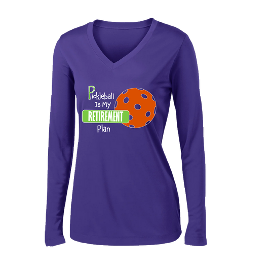 Pickleball Design: Pickleball is my Retirement plan  Women's Style: Long-Sleeve V-Neck Tank  Turn up the volume in this Women's shirt with its perfect mix of softness and attitude. Material is ultra-comfortable with moisture wicking properties and tri-blend softness. PosiCharge technology locks in color. Highly breathable and lightweight.
