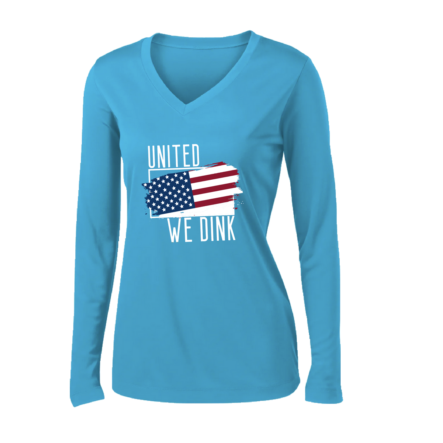 Pickleball Design: United We Dink.   Women's Styles: Long-Sleeve V-Neck  Turn up the volume in this Women's shirt with its perfect mix of softness and attitude. Material is ultra-comfortable with moisture wicking properties and tri-blend softness. PosiCharge technology locks in color. Highly breathable and lightweight.