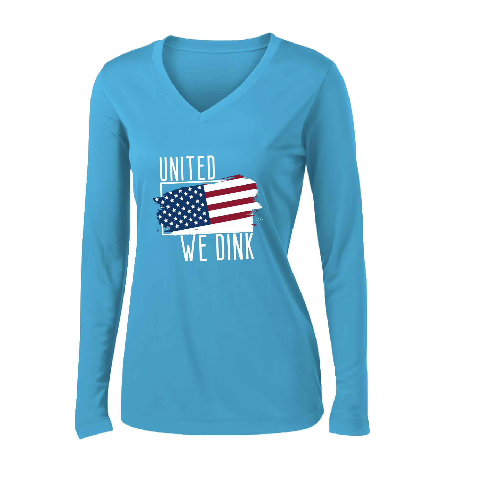 Pickleball Design: United We Dink.   Women's Styles: Long-Sleeve V-Neck  Turn up the volume in this Women's shirt with its perfect mix of softness and attitude. Material is ultra-comfortable with moisture wicking properties and tri-blend softness. PosiCharge technology locks in color. Highly breathable and lightweight.