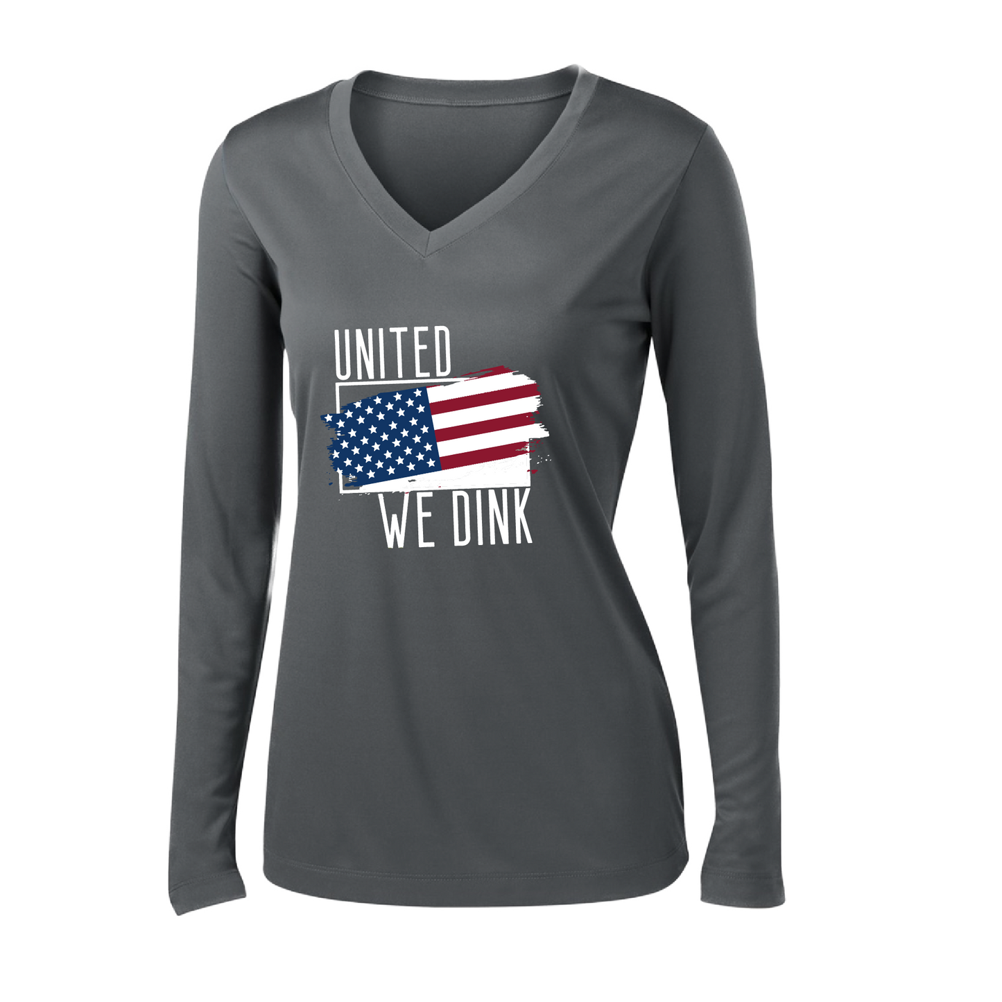 Pickleball Design: United We Dink.   Women's Styles: Long-Sleeve V-Neck  Turn up the volume in this Women's shirt with its perfect mix of softness and attitude. Material is ultra-comfortable with moisture wicking properties and tri-blend softness. PosiCharge technology locks in color. Highly breathable and lightweight.