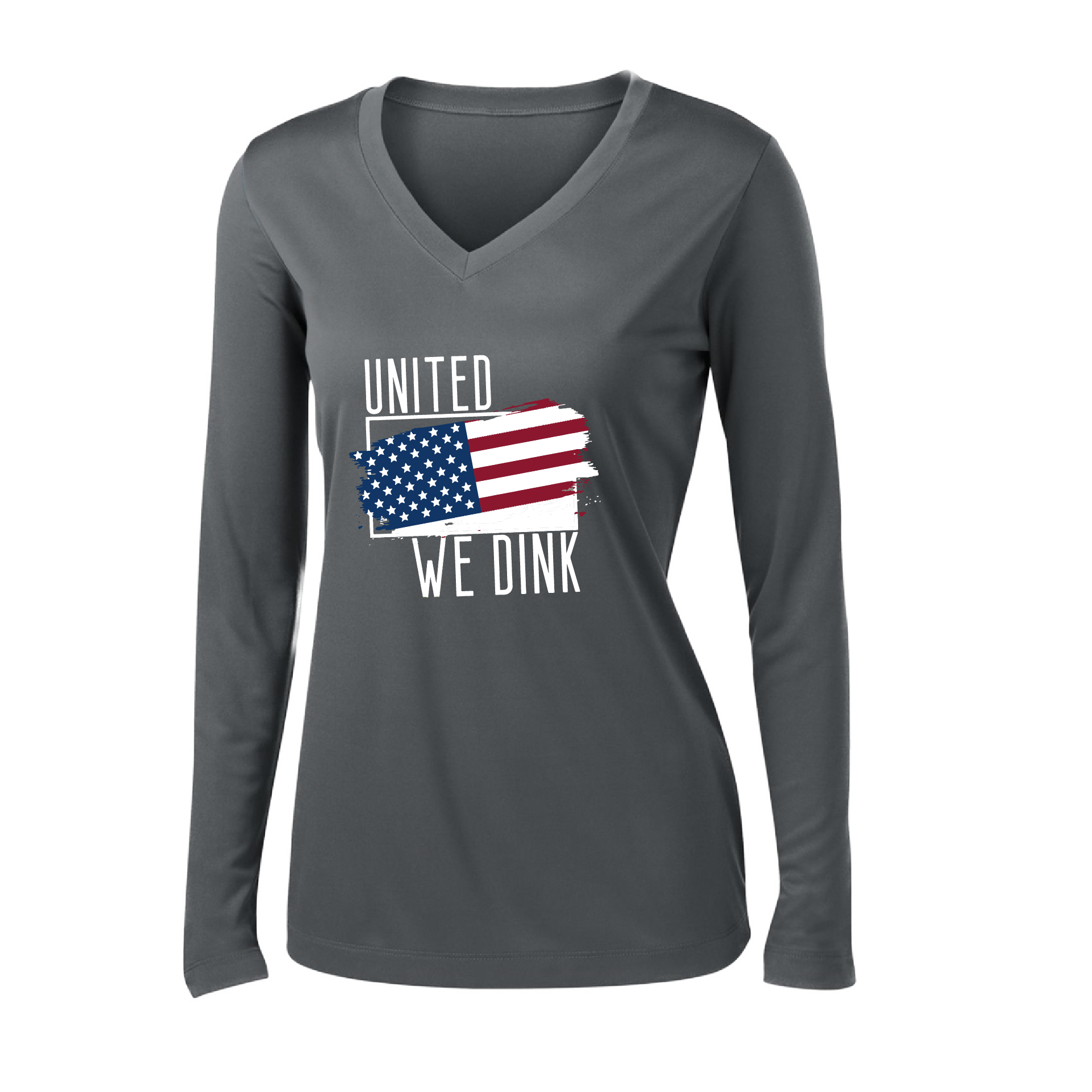 Pickleball Design: United We Dink.   Women's Styles: Long-Sleeve V-Neck  Turn up the volume in this Women's shirt with its perfect mix of softness and attitude. Material is ultra-comfortable with moisture wicking properties and tri-blend softness. PosiCharge technology locks in color. Highly breathable and lightweight.