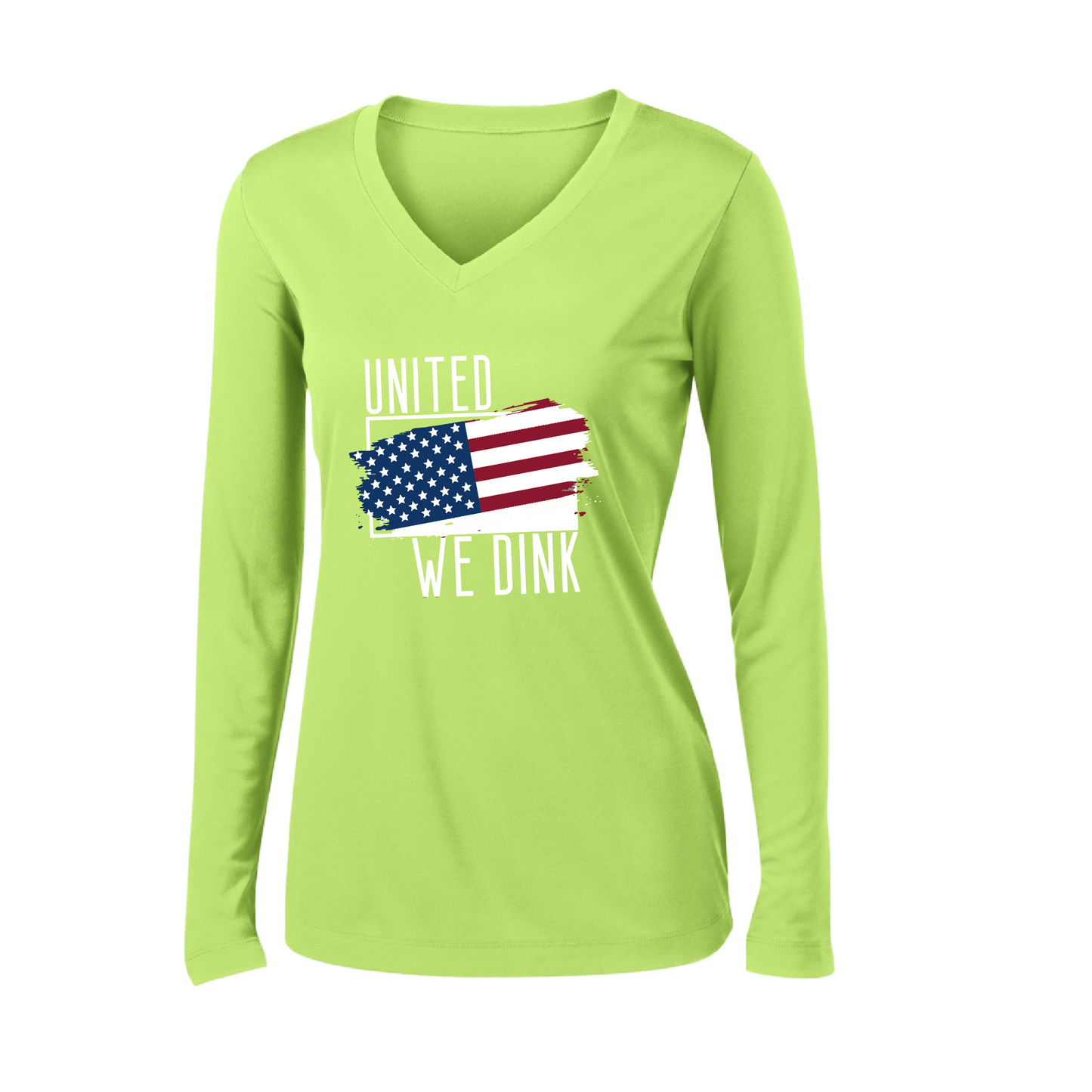 Pickleball Design: United We Dink.   Women's Styles: Long-Sleeve V-Neck  Turn up the volume in this Women's shirt with its perfect mix of softness and attitude. Material is ultra-comfortable with moisture wicking properties and tri-blend softness. PosiCharge technology locks in color. Highly breathable and lightweight.