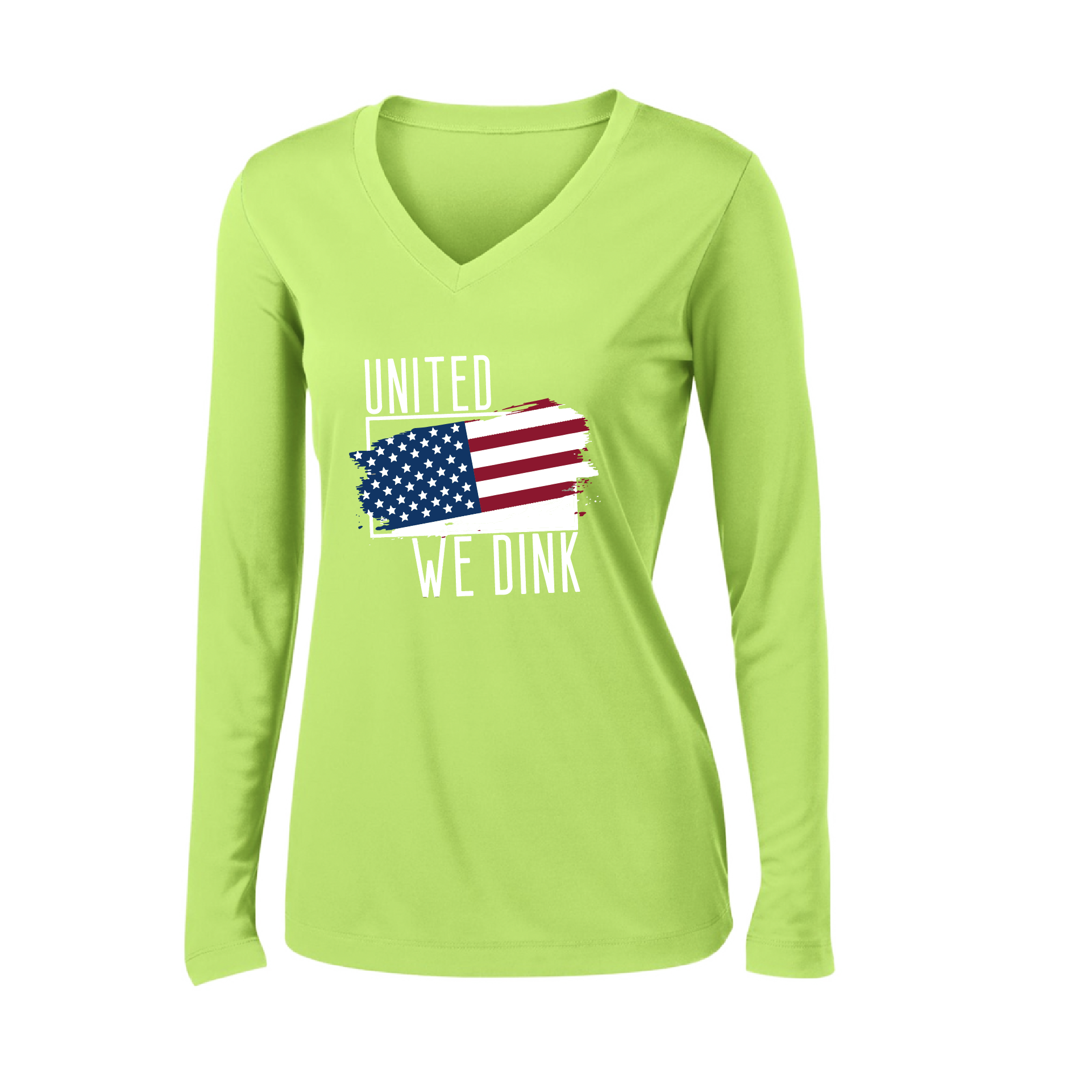 Pickleball Design: United We Dink.   Women's Styles: Long-Sleeve V-Neck  Turn up the volume in this Women's shirt with its perfect mix of softness and attitude. Material is ultra-comfortable with moisture wicking properties and tri-blend softness. PosiCharge technology locks in color. Highly breathable and lightweight.