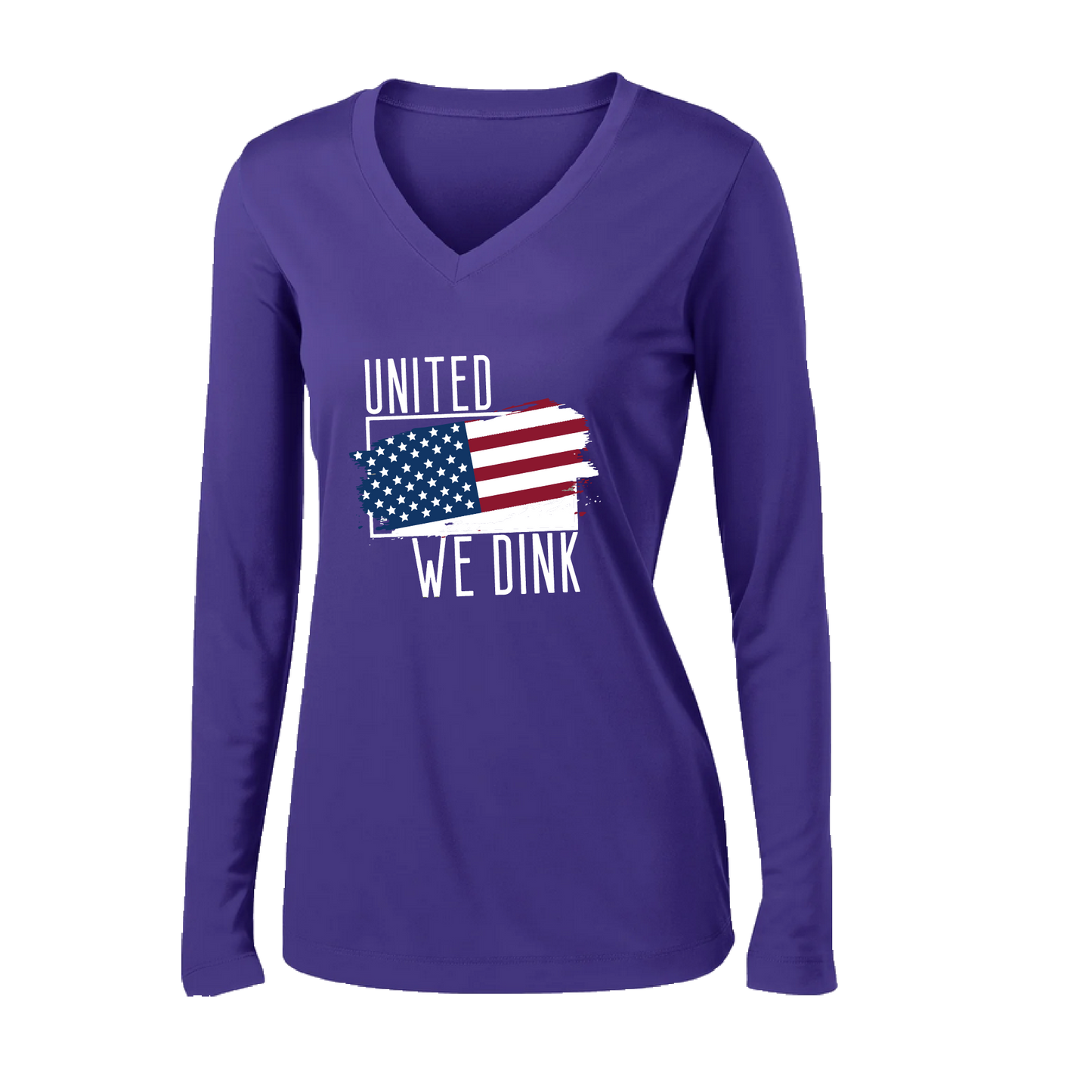 Pickleball Design: United We Dink.   Women's Styles: Long-Sleeve V-Neck  Turn up the volume in this Women's shirt with its perfect mix of softness and attitude. Material is ultra-comfortable with moisture wicking properties and tri-blend softness. PosiCharge technology locks in color. Highly breathable and lightweight.