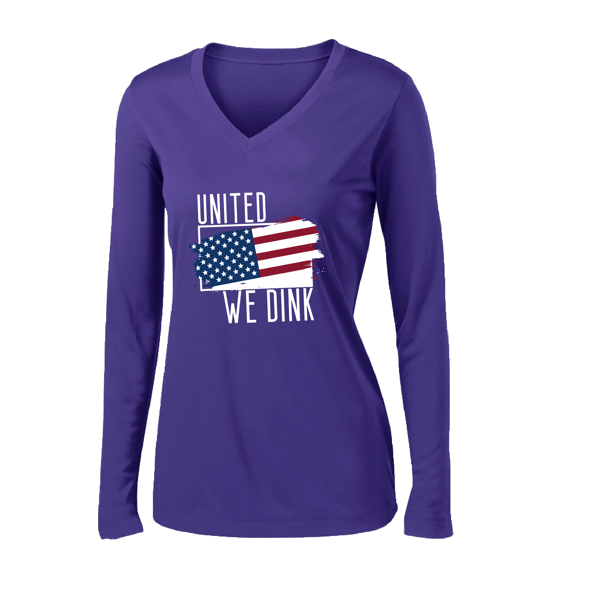 Pickleball Design: United We Dink.   Women's Styles: Long-Sleeve V-Neck  Turn up the volume in this Women's shirt with its perfect mix of softness and attitude. Material is ultra-comfortable with moisture wicking properties and tri-blend softness. PosiCharge technology locks in color. Highly breathable and lightweight.