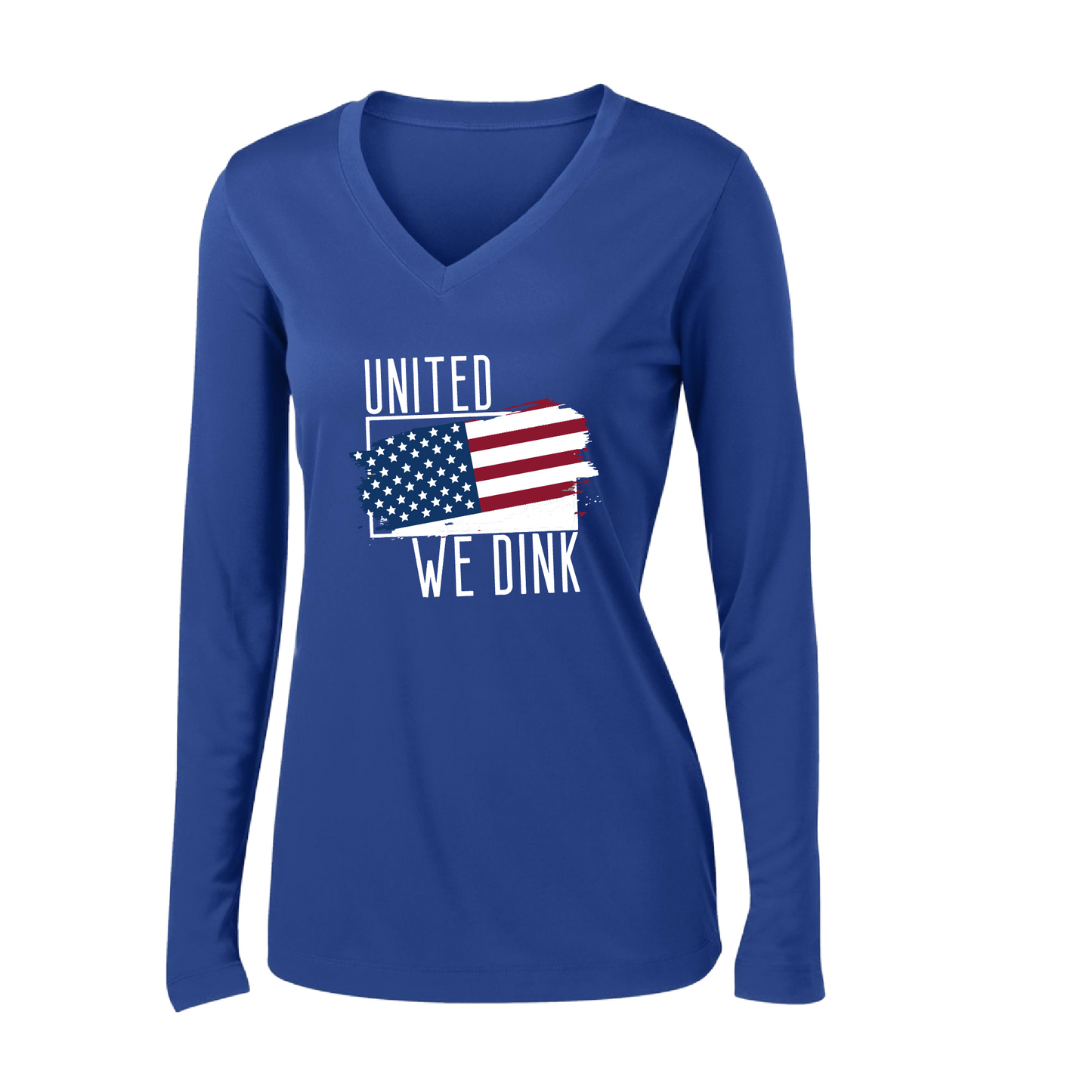 Pickleball Design: United We Dink.   Women's Styles: Long-Sleeve V-Neck  Turn up the volume in this Women's shirt with its perfect mix of softness and attitude. Material is ultra-comfortable with moisture wicking properties and tri-blend softness. PosiCharge technology locks in color. Highly breathable and lightweight.