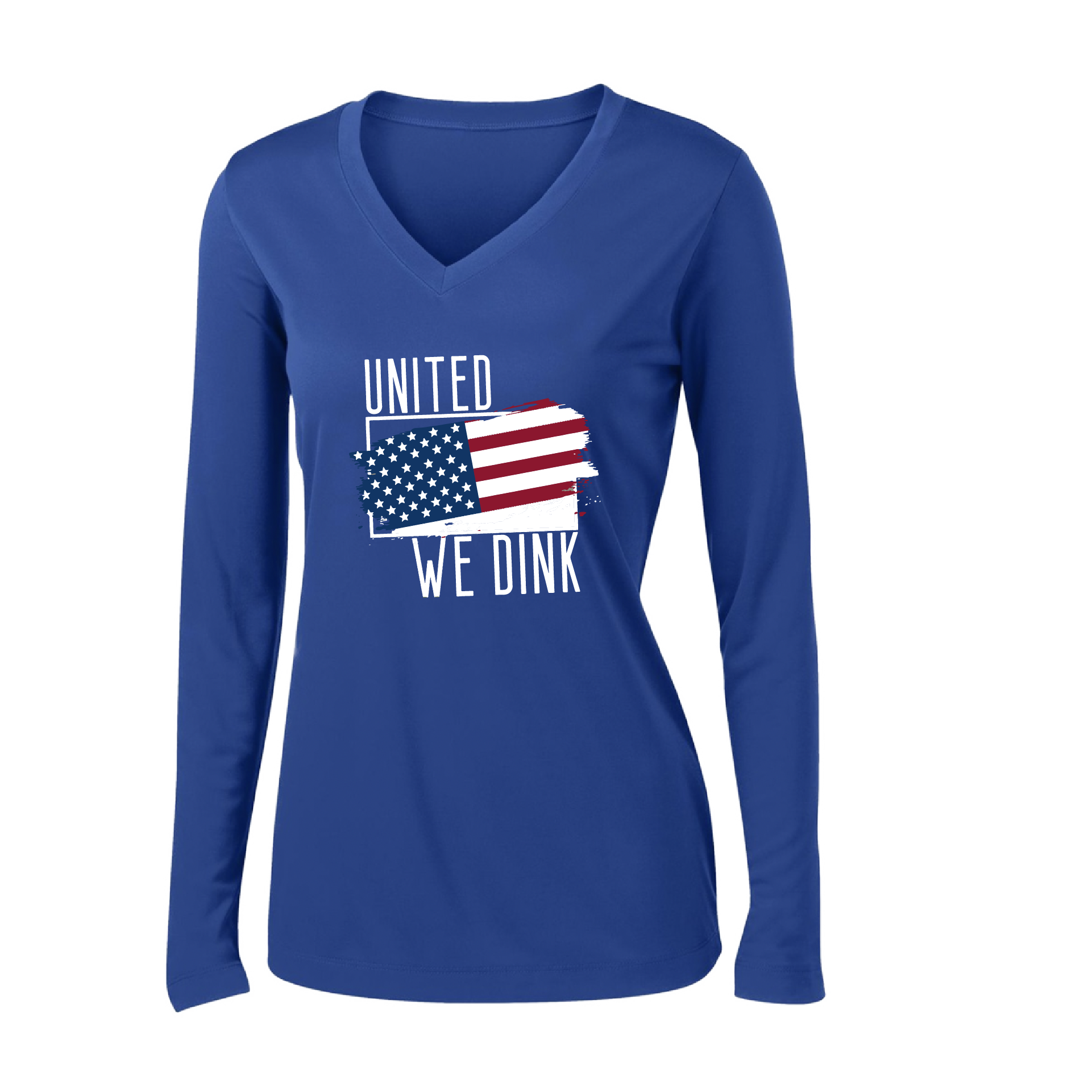 Pickleball Design: United We Dink.   Women's Styles: Long-Sleeve V-Neck  Turn up the volume in this Women's shirt with its perfect mix of softness and attitude. Material is ultra-comfortable with moisture wicking properties and tri-blend softness. PosiCharge technology locks in color. Highly breathable and lightweight.