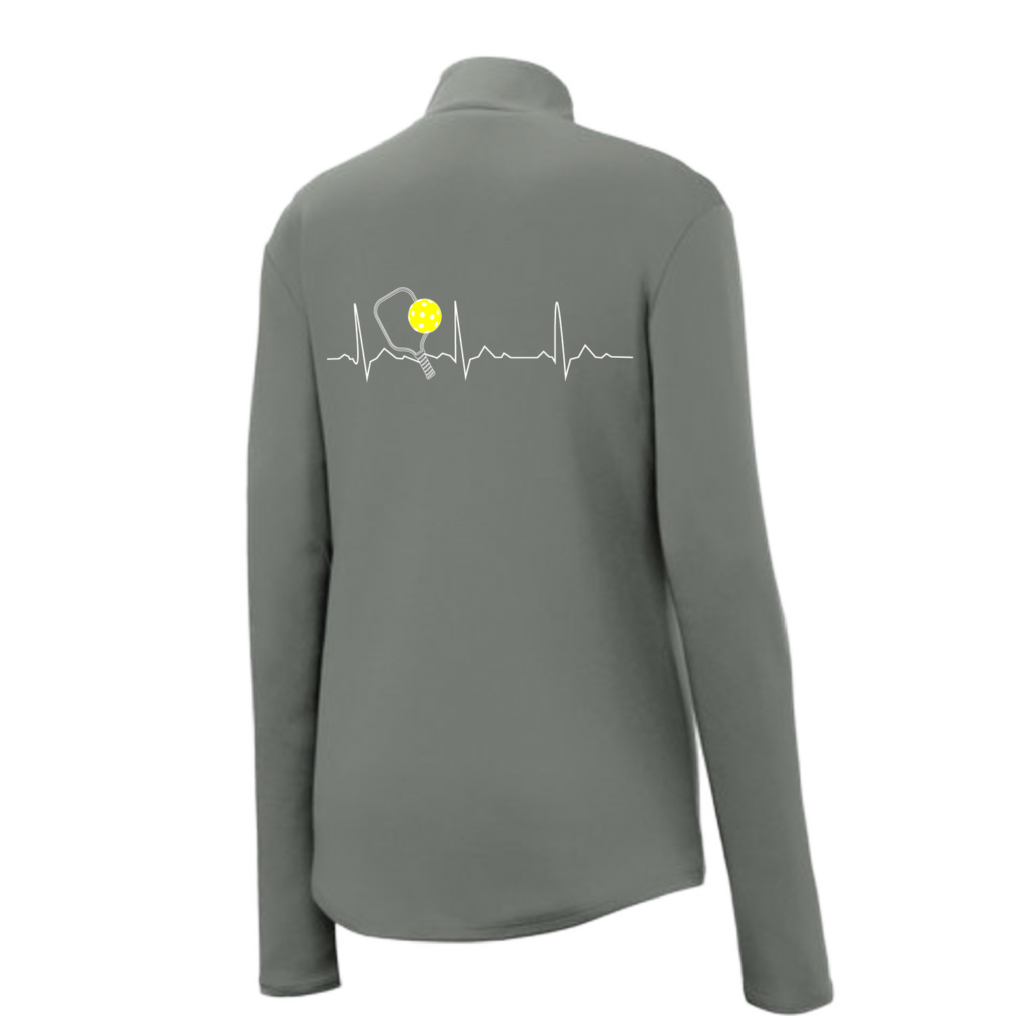 Pickleball Design: Heartbeat Customizable Location  Women's 1/4-Zip Pullover: Princess seams and drop tail hem.  Turn up the volume in this Women's shirt with its perfect mix of softness and attitude. Material is ultra-comfortable with moisture wicking properties and tri-blend softness. PosiCharge technology locks in color. Highly breathable and lightweight. Versatile enough for wearing year-round.
