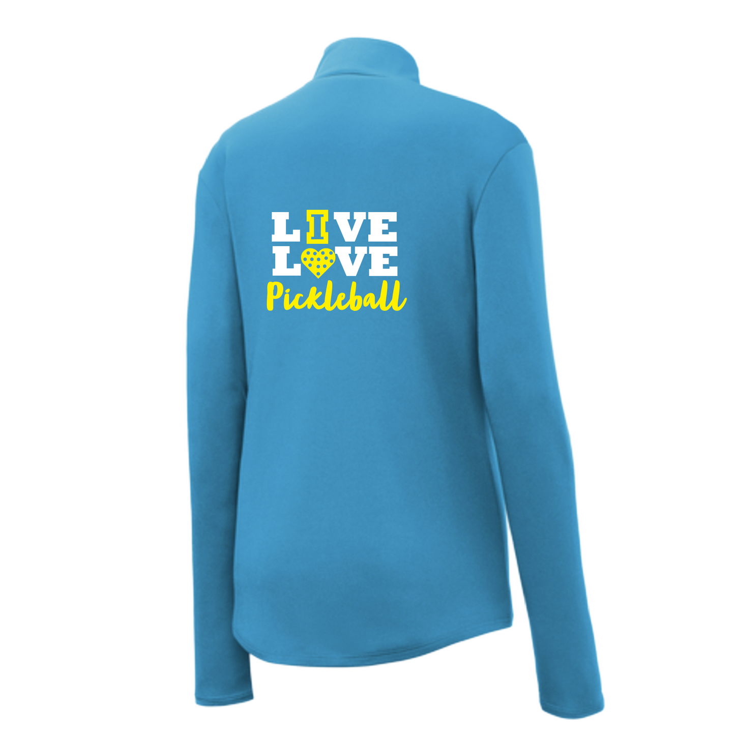 Pickleball Design: Live Love Pickleball  Women's 1/4-Zip Pullover:  Princess seams and drop tail hem.  Turn up the volume in this Women's shirt with its perfect mix of softness and attitude. Material is ultra-comfortable with moisture wicking properties and tri-blend softness. PosiCharge technology locks in color. Highly breathable and lightweight. Versatile enough for wearing year-round.