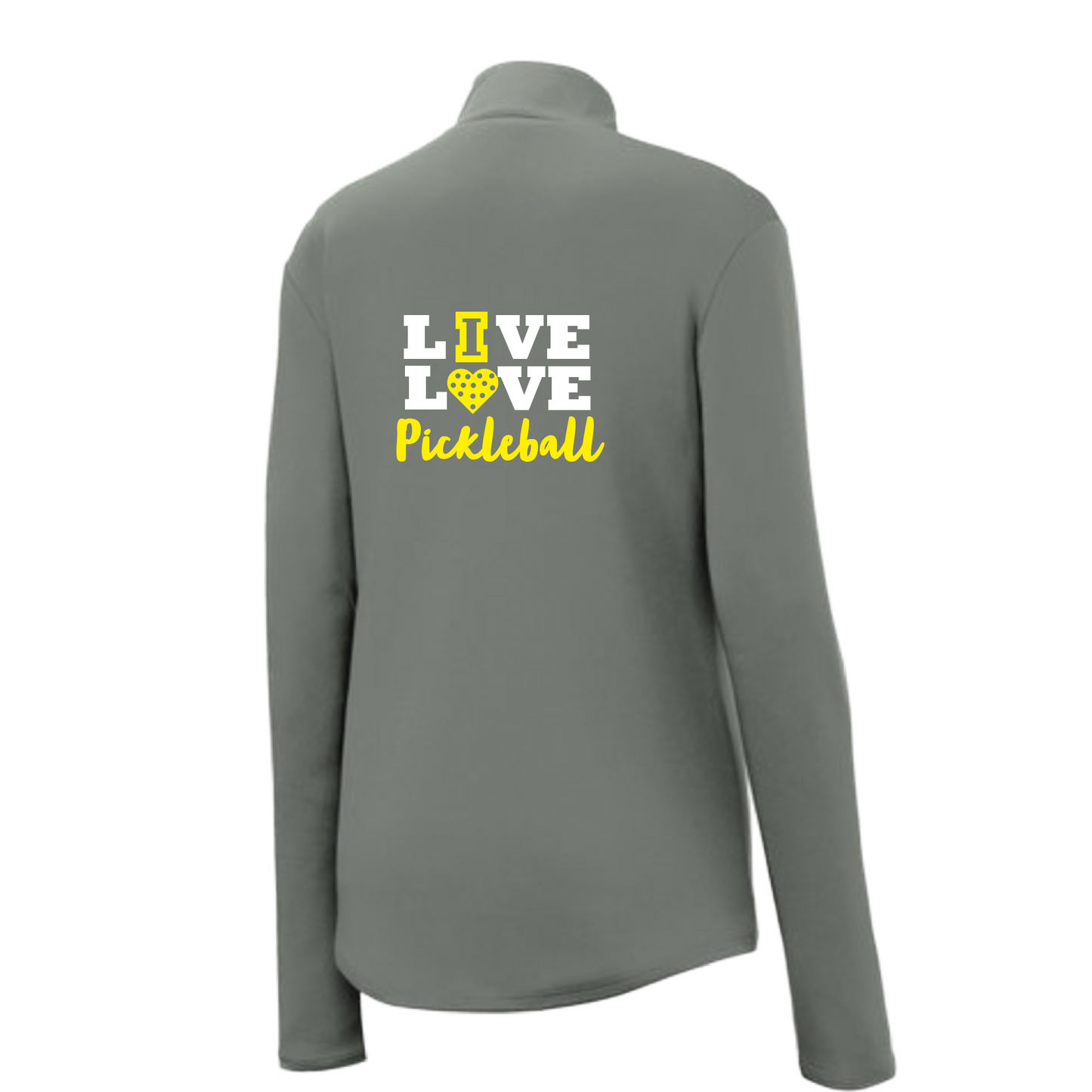 Pickleball Design: Live Love Pickleball  Women's 1/4-Zip Pullover:  Princess seams and drop tail hem.  Turn up the volume in this Women's shirt with its perfect mix of softness and attitude. Material is ultra-comfortable with moisture wicking properties and tri-blend softness. PosiCharge technology locks in color. Highly breathable and lightweight. Versatile enough for wearing year-round.
