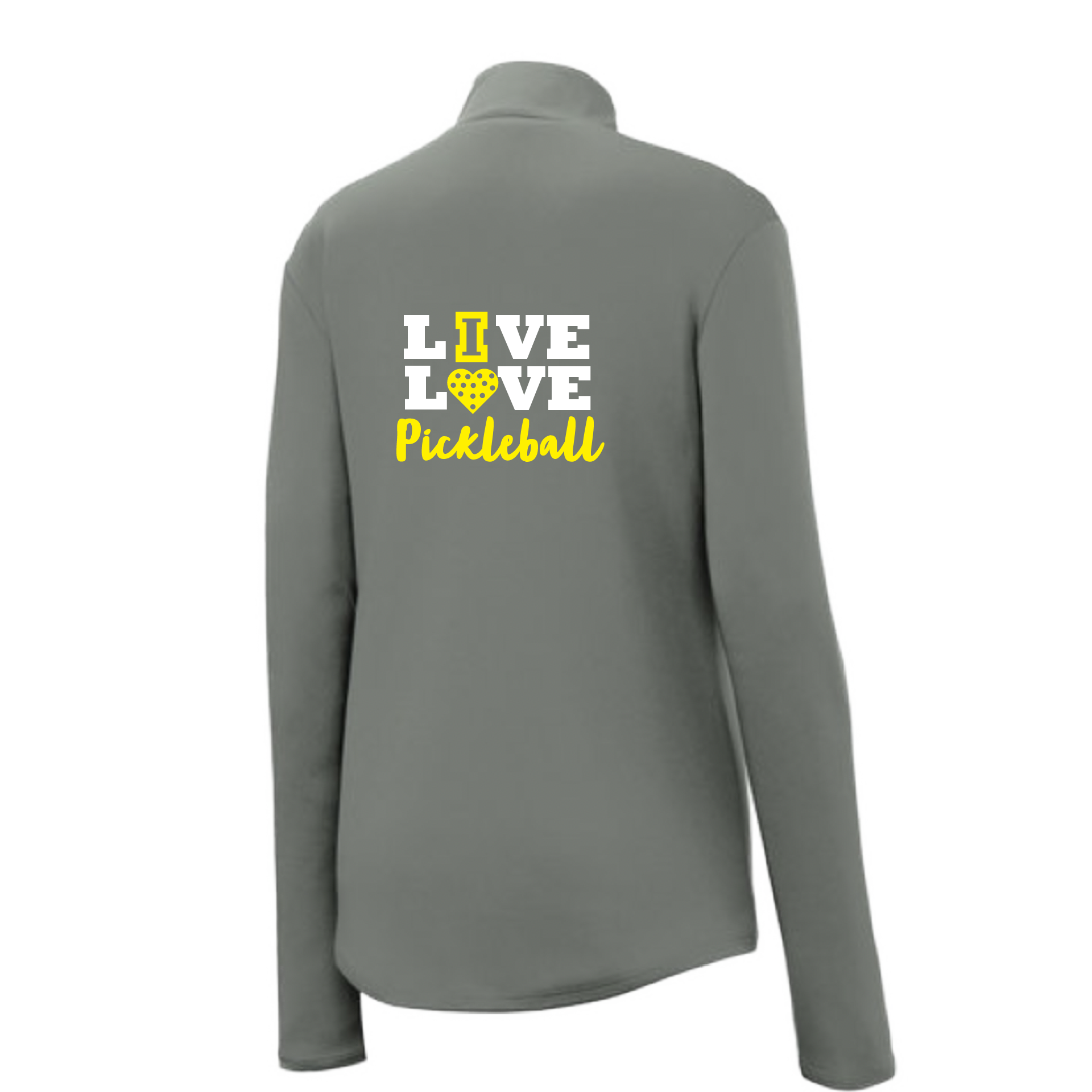 Pickleball Design: Live Love Pickleball  Women's 1/4-Zip Pullover:  Princess seams and drop tail hem.  Turn up the volume in this Women's shirt with its perfect mix of softness and attitude. Material is ultra-comfortable with moisture wicking properties and tri-blend softness. PosiCharge technology locks in color. Highly breathable and lightweight. Versatile enough for wearing year-round.