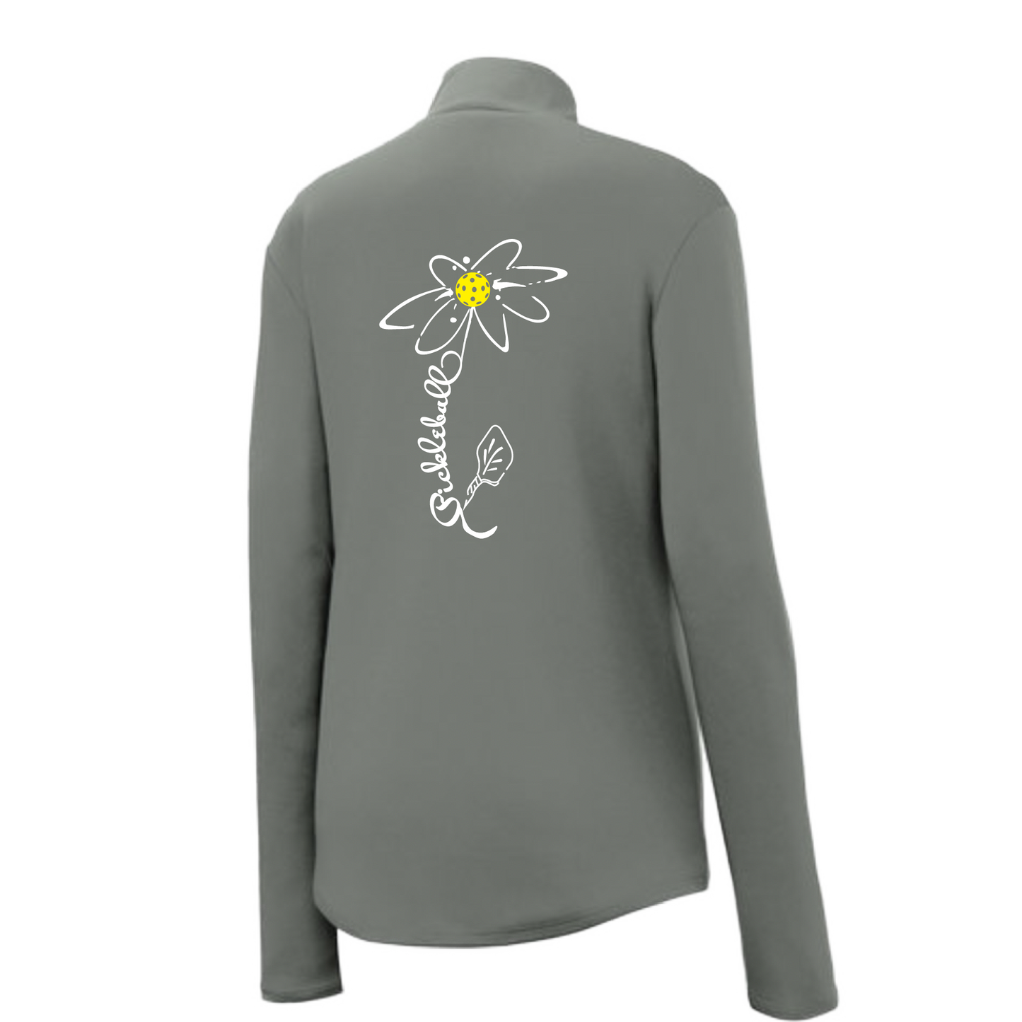 Pickleball Design: Pickleball Flower  Women's 1/4-Zip Pullover: Princess seams and drop tail hem.  Turn up the volume in this Women's shirt with its perfect mix of softness and attitude. Material is ultra-comfortable with moisture wicking properties and tri-blend softness. PosiCharge technology locks in color. Highly breathable and lightweight. Versatile enough for wearing year-round.