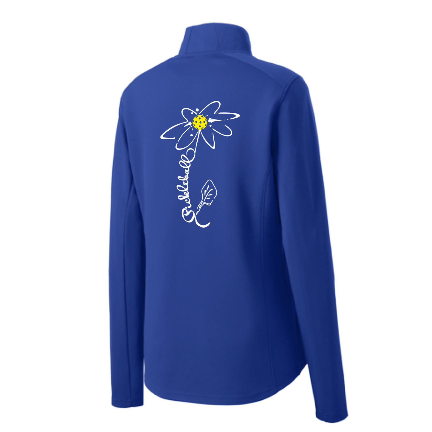 Pickleball Design: Pickleball Flower  Women's 1/4-Zip Pullover: Princess seams and drop tail hem.  Turn up the volume in this Women's shirt with its perfect mix of softness and attitude. Material is ultra-comfortable with moisture wicking properties and tri-blend softness. PosiCharge technology locks in color. Highly breathable and lightweight. Versatile enough for wearing year-round.