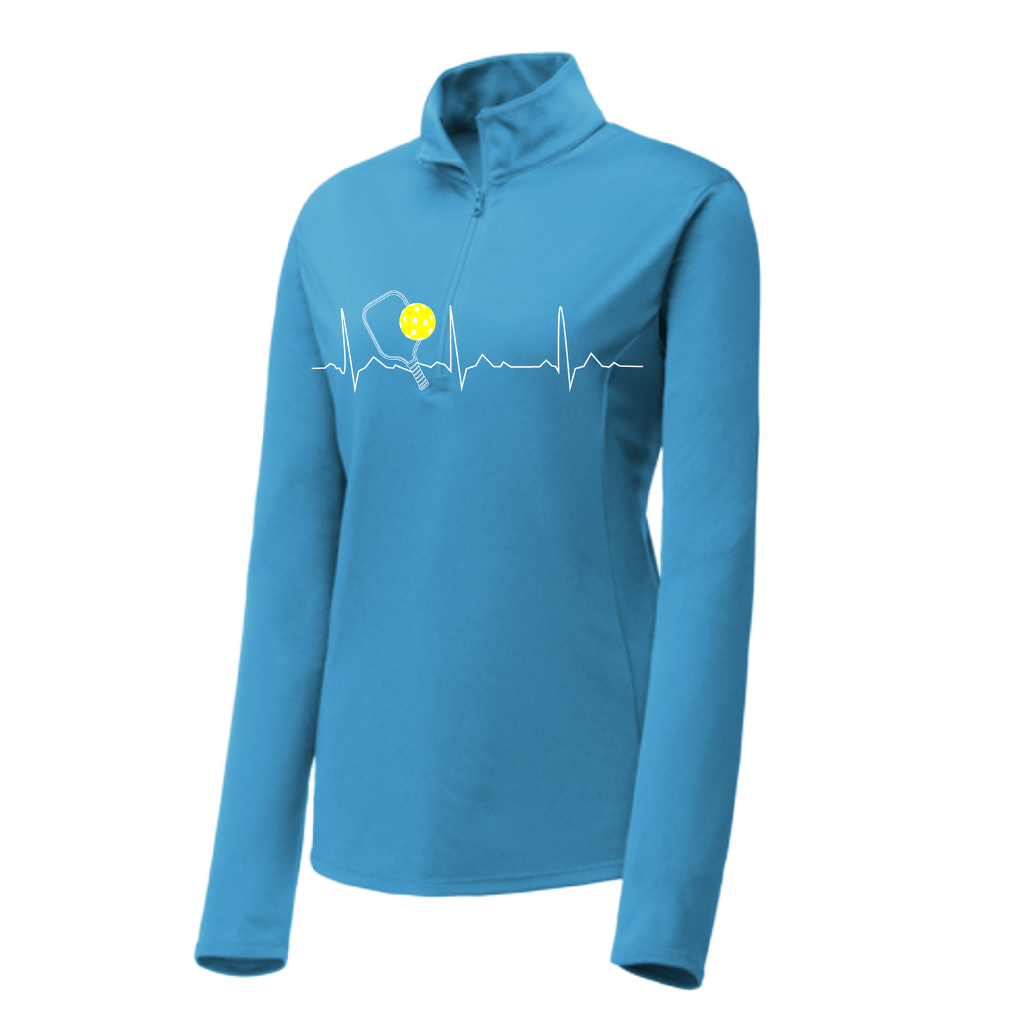 Pickleball Design: Heartbeat Customizable Location  Women's 1/4-Zip Pullover: Princess seams and drop tail hem.  Turn up the volume in this Women's shirt with its perfect mix of softness and attitude. Material is ultra-comfortable with moisture wicking properties and tri-blend softness. PosiCharge technology locks in color. Highly breathable and lightweight. Versatile enough for wearing year-round.