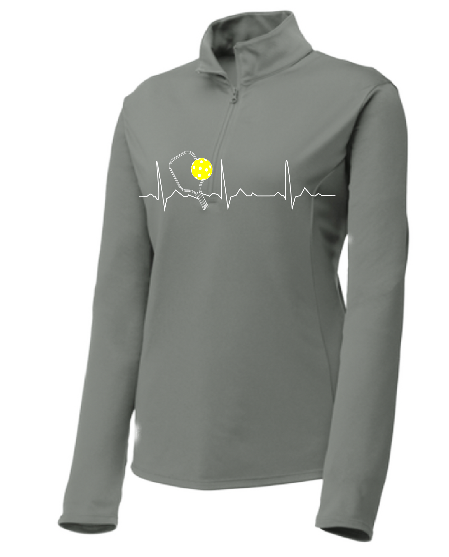 Pickleball Design: Heartbeat Customizable Location  Women's 1/4-Zip Pullover: Princess seams and drop tail hem.  Turn up the volume in this Women's shirt with its perfect mix of softness and attitude. Material is ultra-comfortable with moisture wicking properties and tri-blend softness. PosiCharge technology locks in color. Highly breathable and lightweight. Versatile enough for wearing year-round.