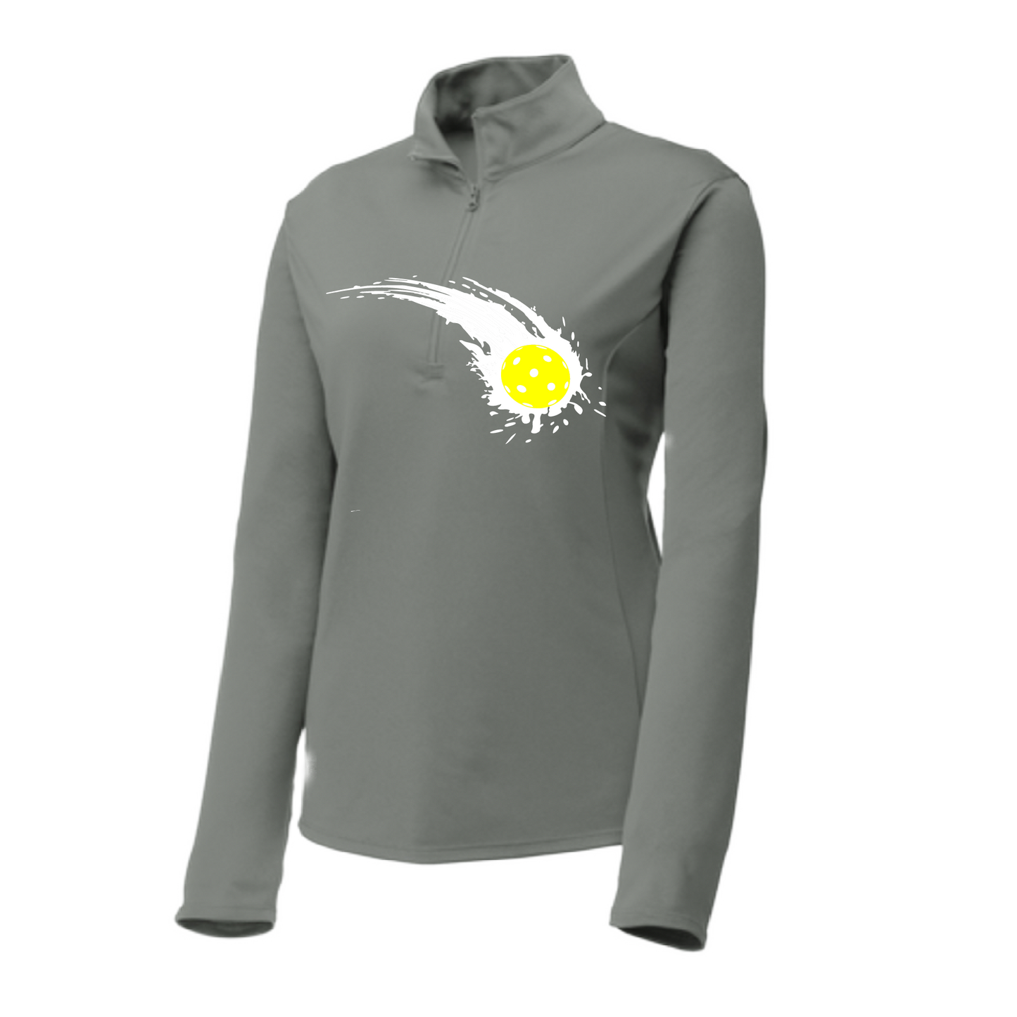 Pickleball Design: Impact Customizable Location  Women's 1/4-Zip Pullover: Princess seams and drop tail hem.  Turn up the volume in this Women's shirt with its perfect mix of softness and attitude. Material is ultra-comfortable with moisture wicking properties and tri-blend softness. PosiCharge technology locks in color. Highly breathable and lightweight. Versatile enough for wearing year-round.
