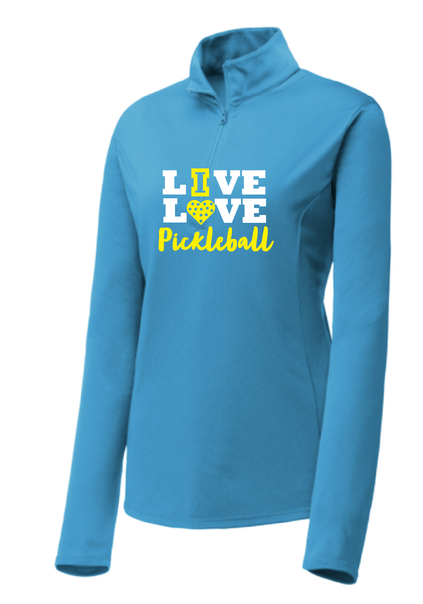 Pickleball Design: Live Love Pickleball  Women's 1/4-Zip Pullover:  Princess seams and drop tail hem.  Turn up the volume in this Women's shirt with its perfect mix of softness and attitude. Material is ultra-comfortable with moisture wicking properties and tri-blend softness. PosiCharge technology locks in color. Highly breathable and lightweight. Versatile enough for wearing year-round.