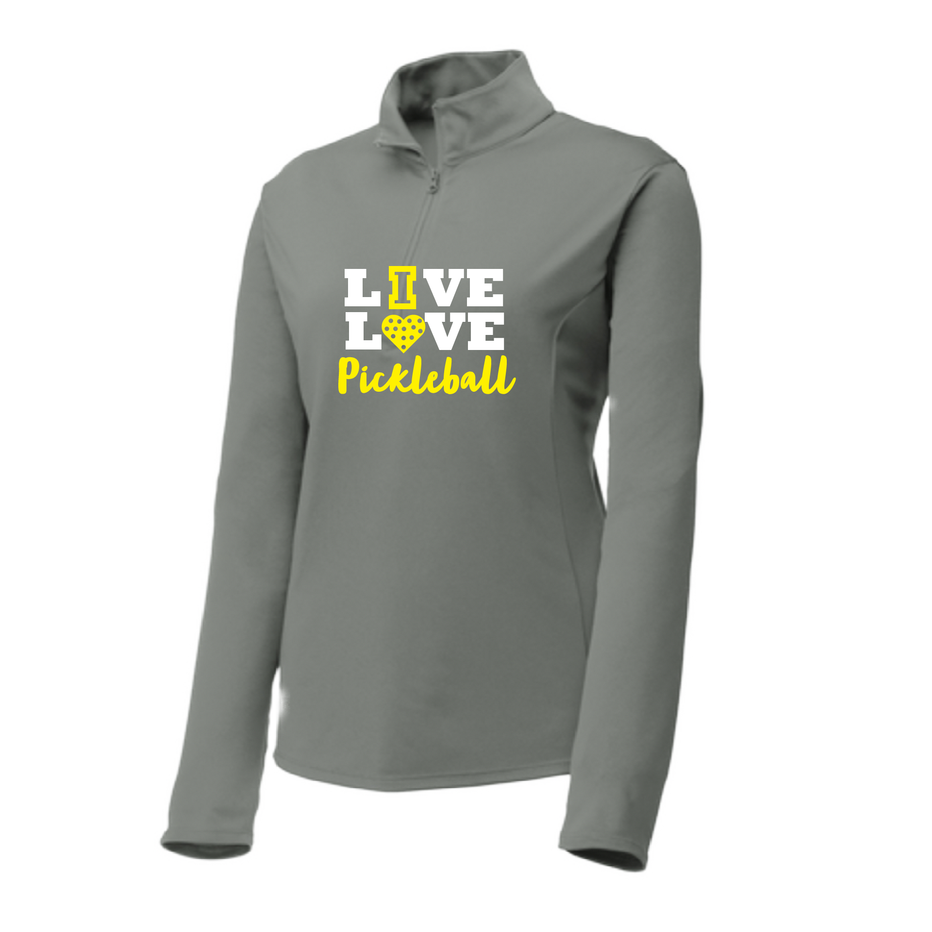 Pickleball Design: Live Love Pickleball  Women's 1/4-Zip Pullover:  Princess seams and drop tail hem.  Turn up the volume in this Women's shirt with its perfect mix of softness and attitude. Material is ultra-comfortable with moisture wicking properties and tri-blend softness. PosiCharge technology locks in color. Highly breathable and lightweight. Versatile enough for wearing year-round.