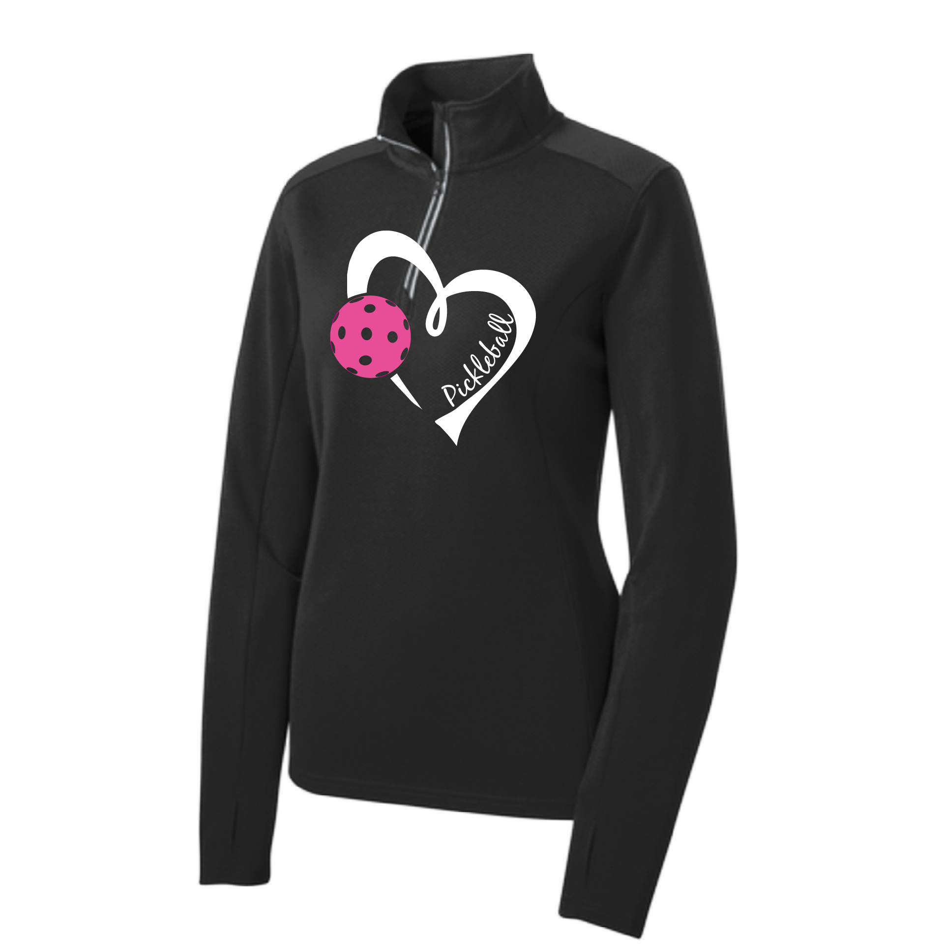 Pickleball Design: Heart with Pickleball  Women's 1/4-Zip Pullover:  Princess seams and drop tail hem.  Turn up the volume in this Women's shirt with its perfect mix of softness and attitude. Material is ultra-comfortable with moisture wicking properties and tri-blend softness. PosiCharge technology locks in color. Highly breathable and lightweight. Versatile enough for wearing year-round.