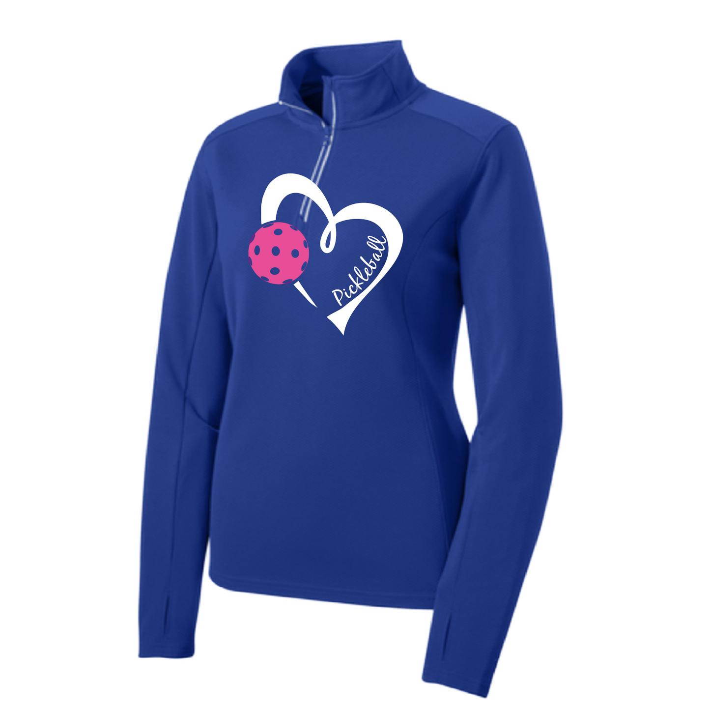 Pickleball Design: Heart with Pickleball  Women's 1/4-Zip Pullover:  Princess seams and drop tail hem.  Turn up the volume in this Women's shirt with its perfect mix of softness and attitude. Material is ultra-comfortable with moisture wicking properties and tri-blend softness. PosiCharge technology locks in color. Highly breathable and lightweight. Versatile enough for wearing year-round.