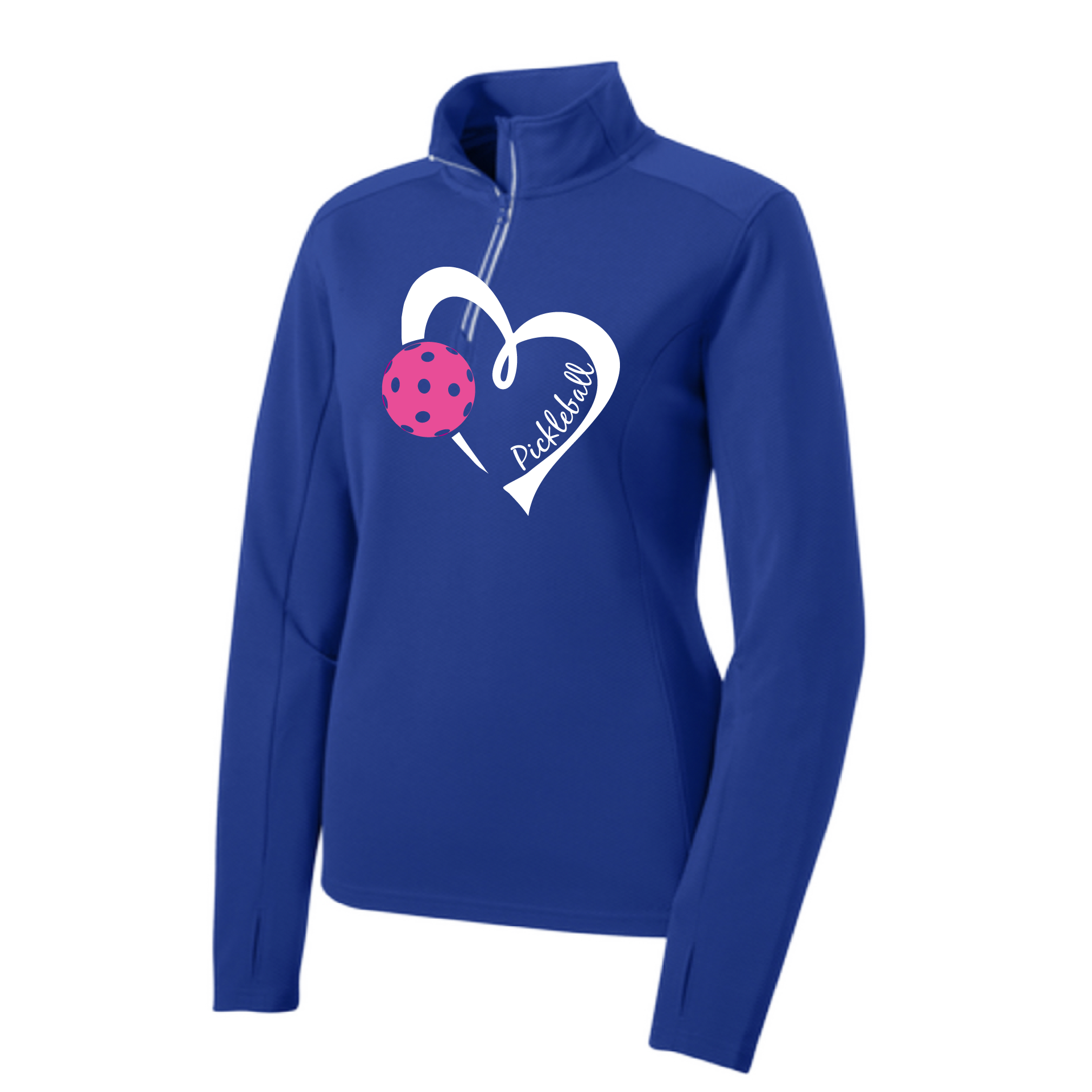 Pickleball Design: Heart with Pickleball  Women's 1/4-Zip Pullover:  Princess seams and drop tail hem.  Turn up the volume in this Women's shirt with its perfect mix of softness and attitude. Material is ultra-comfortable with moisture wicking properties and tri-blend softness. PosiCharge technology locks in color. Highly breathable and lightweight. Versatile enough for wearing year-round.