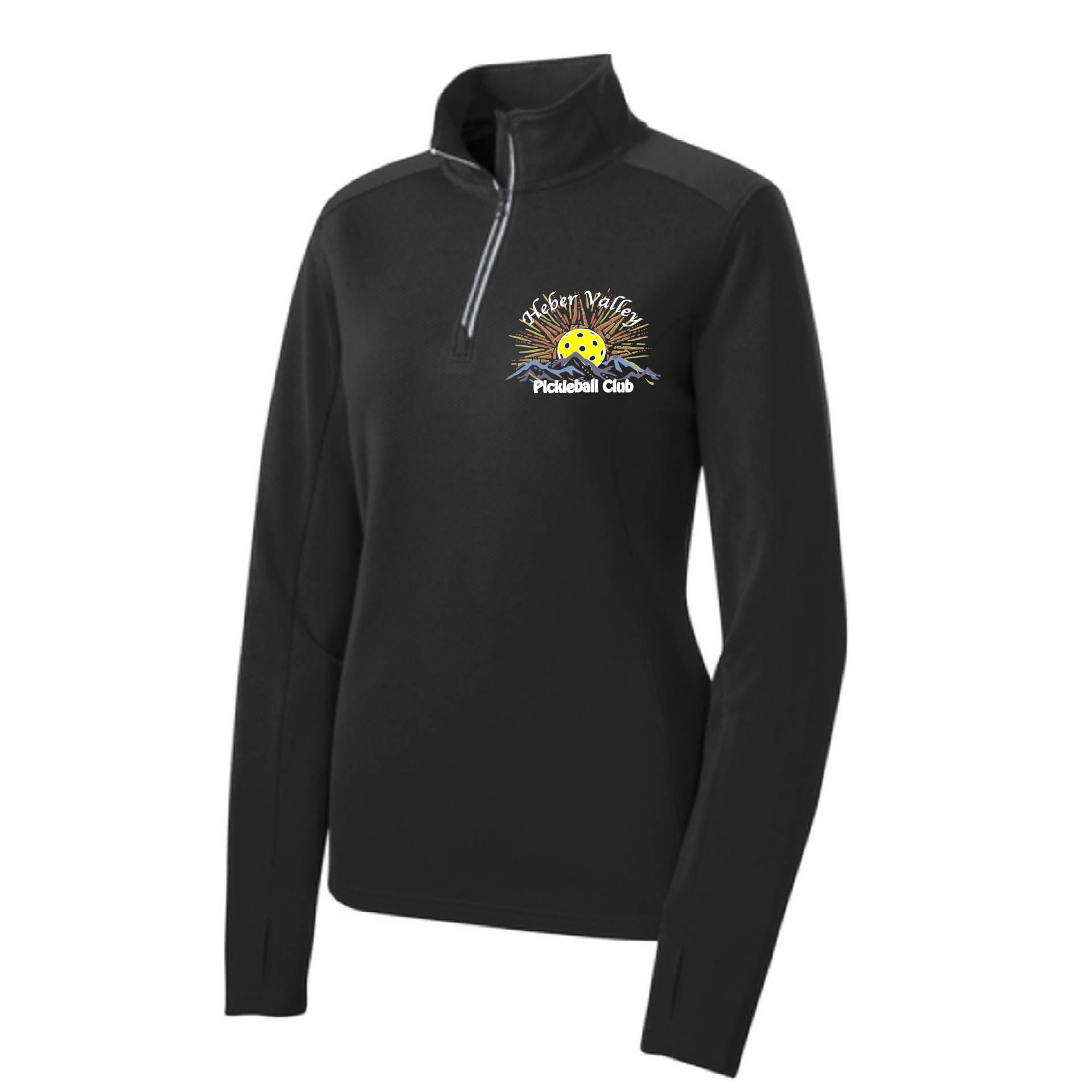 Heber Valley Pickleball Club design. Women’s 1/4-zip long-sleeve athletic  pullover shirts.