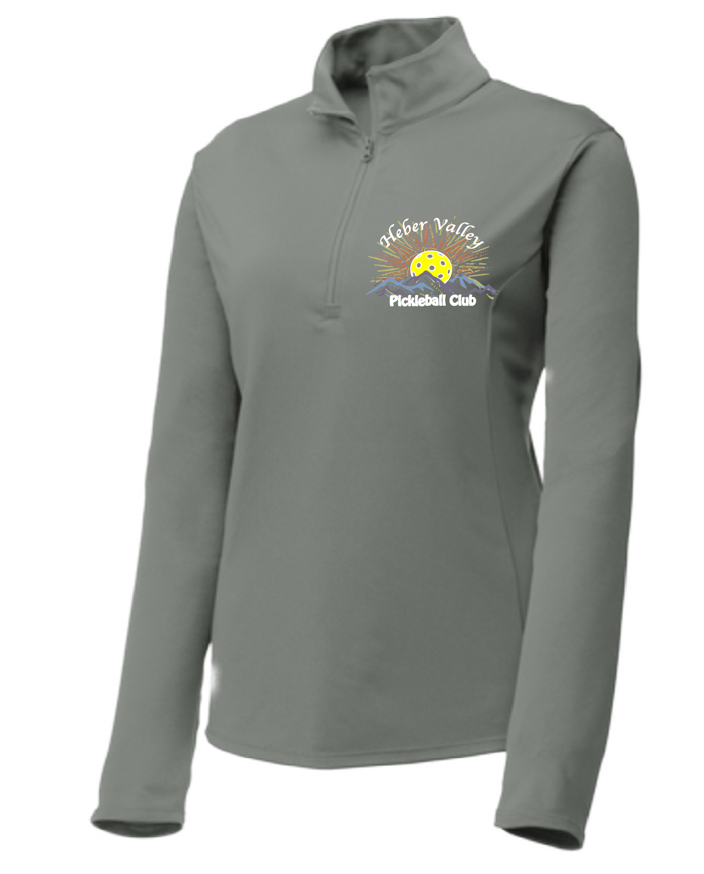 Pickleball Shirt Design: Heber Valley Pickleball Club  Customize Size and Location of Design:  Large Full Back or Small Pocket Area  Women's 1/4-Zip Pullover: Princess seams and drop tail hem.  Turn up the volume in this Women's shirt with its perfect mix of softness and attitude. Material is ultra-comfortable with moisture wicking properties and tri-blend softness. PosiCharge technology locks in color. Highly breathable and lightweight. Versatile enough for wearing year-round.