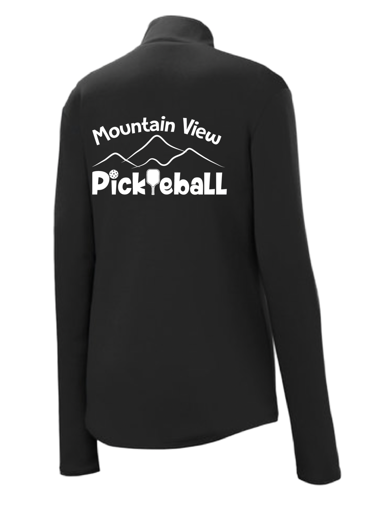 Pickleball Design: Mountain View Pickleball Club  Women's 1/4-Zip Pullover:  Princess seams and Drop tail hem.  Turn up the volume in this Women's shirt with its perfect mix of softness and attitude. Material is ultra-comfortable with moisture wicking properties and tri-blend softness. PosiCharge technology locks in color. Highly breathable and lightweight. Versatile enough for wearing year-round.