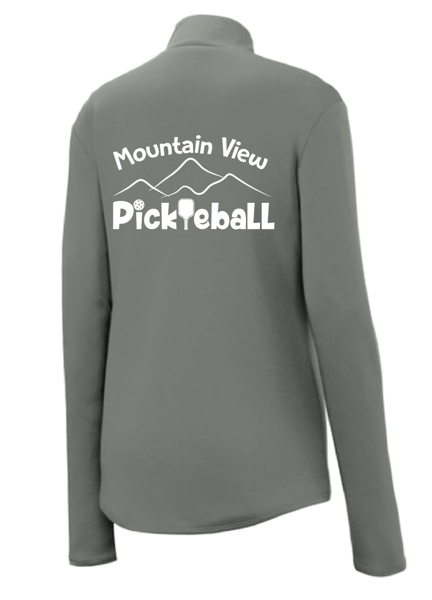 Pickleball Design: Mountain View Pickleball Club  Women's 1/4-Zip Pullover:  Princess seams and Drop tail hem.  Turn up the volume in this Women's shirt with its perfect mix of softness and attitude. Material is ultra-comfortable with moisture wicking properties and tri-blend softness. PosiCharge technology locks in color. Highly breathable and lightweight. Versatile enough for wearing year-round.