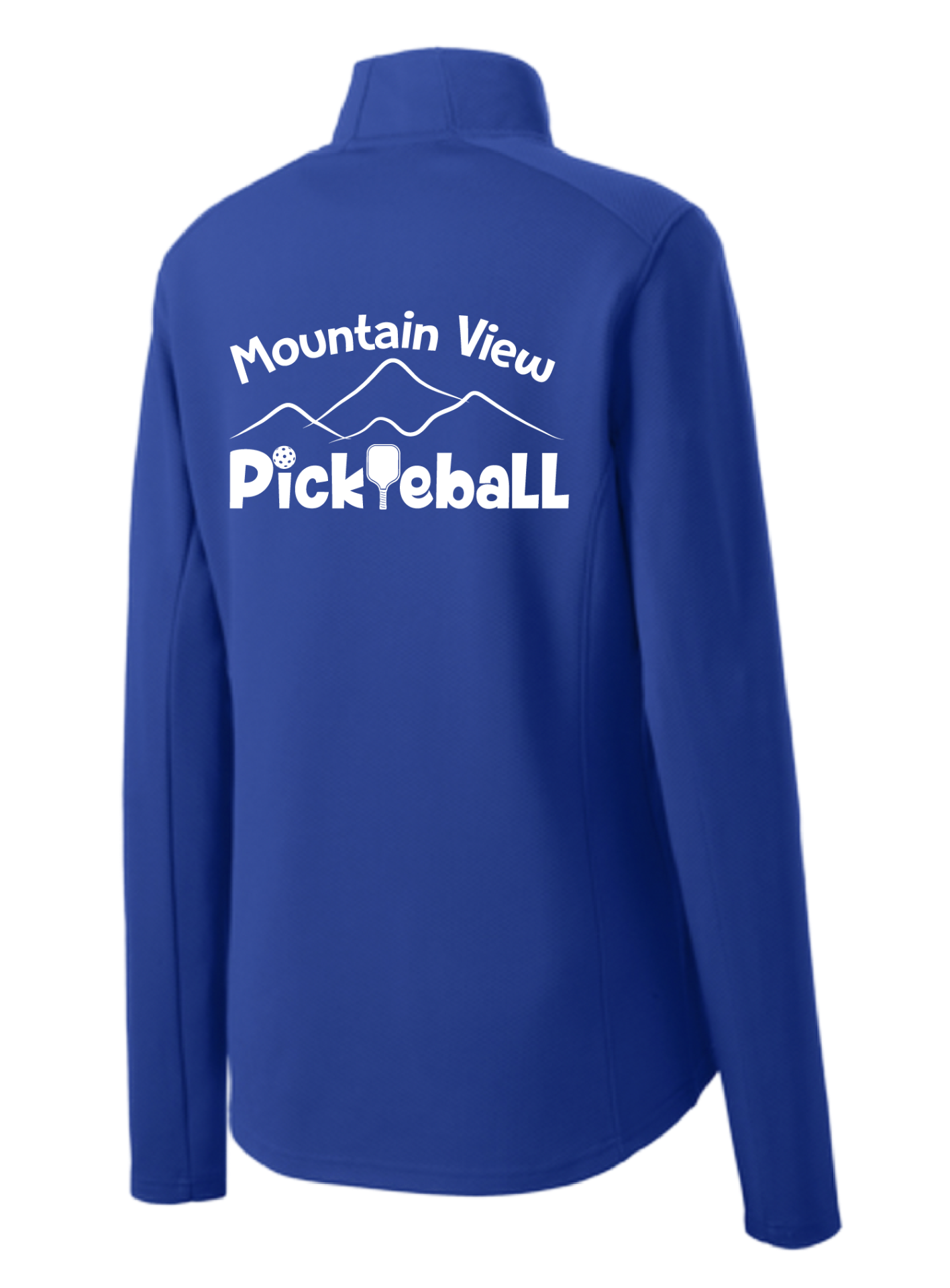 Pickleball Design: Mountain View Pickleball Club  Women's 1/4-Zip Pullover:  Princess seams and Drop tail hem.  Turn up the volume in this Women's shirt with its perfect mix of softness and attitude. Material is ultra-comfortable with moisture wicking properties and tri-blend softness. PosiCharge technology locks in color. Highly breathable and lightweight. Versatile enough for wearing year-round.