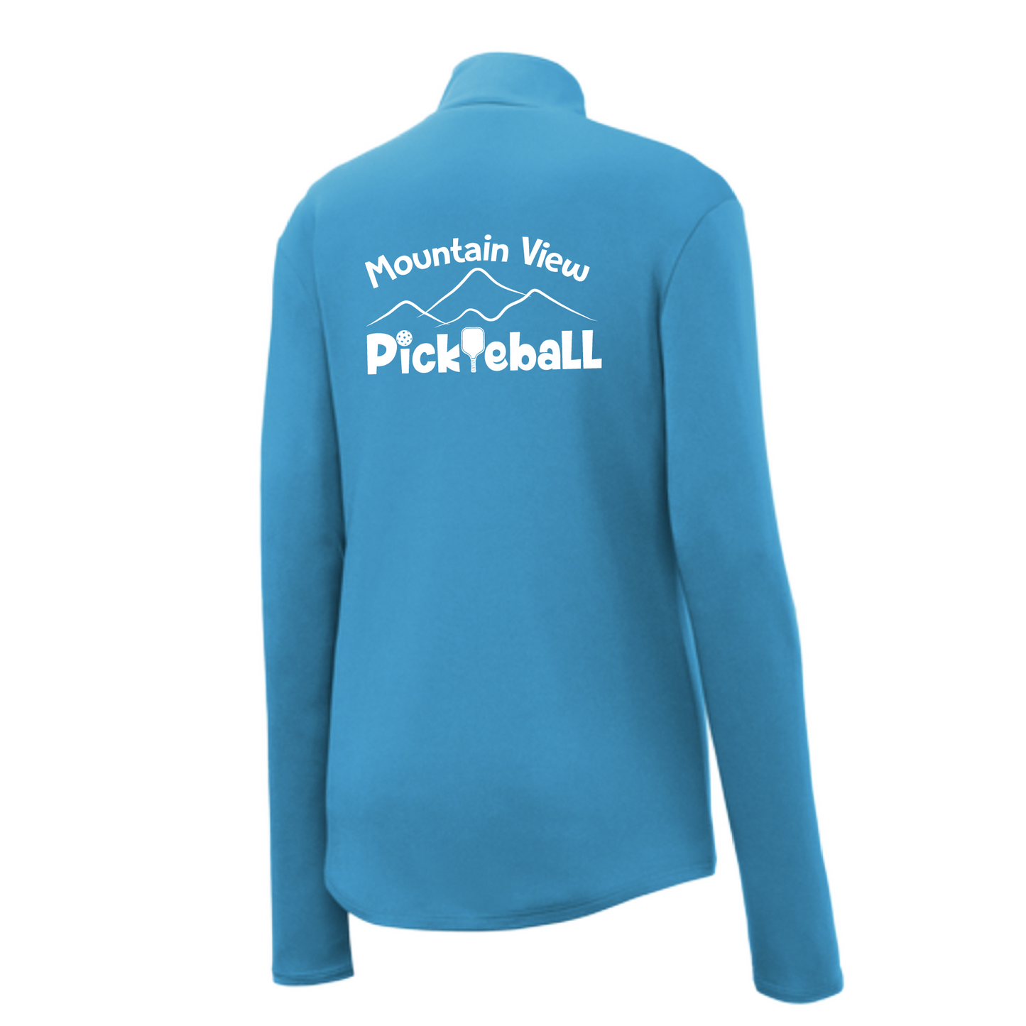 Pickleball Design: Mountain View Pickleball Club  Women's 1/4-Zip Pullover:  Princess seams and Drop tail hem.  Turn up the volume in this Women's shirt with its perfect mix of softness and attitude. Material is ultra-comfortable with moisture wicking properties and tri-blend softness. PosiCharge technology locks in color. Highly breathable and lightweight. Versatile enough for wearing year-round.