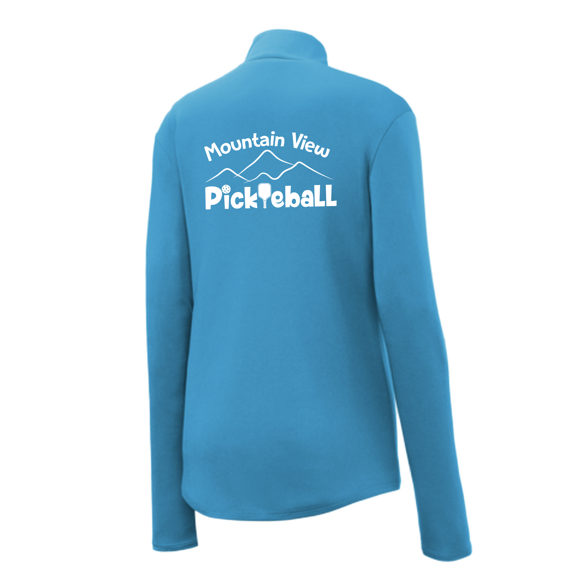 Pickleball Design: Mountain View Pickleball Club  Women's 1/4-Zip Pullover:  Princess seams and Drop tail hem.  Turn up the volume in this Women's shirt with its perfect mix of softness and attitude. Material is ultra-comfortable with moisture wicking properties and tri-blend softness. PosiCharge technology locks in color. Highly breathable and lightweight. Versatile enough for wearing year-round.