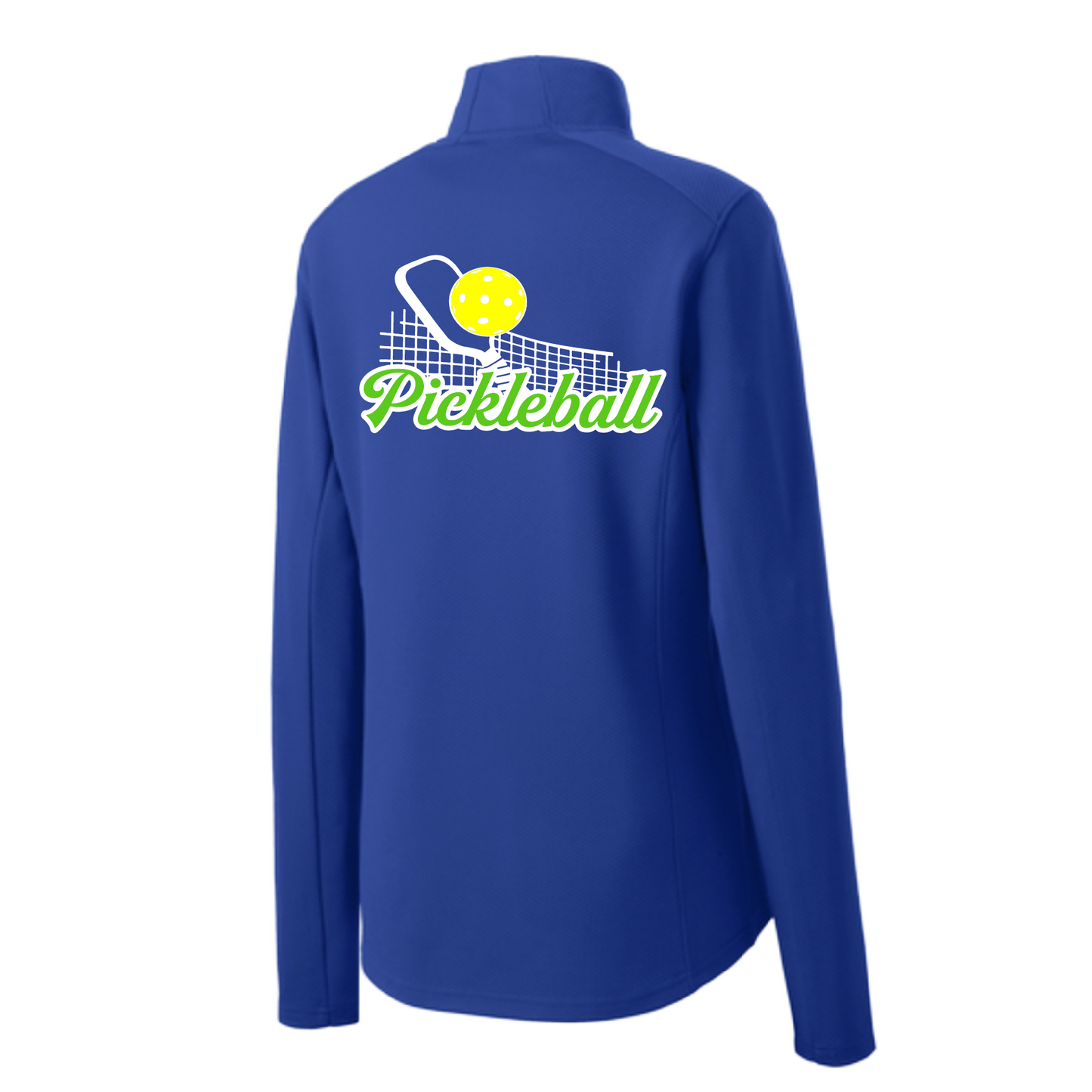 Pickleball Design: Pickleball and Net  Women's 1/4-Zip Pullover: Princess seams and drop tail hem.  Turn up the volume in this Women's shirt with its perfect mix of softness and attitude. Material is ultra-comfortable with moisture wicking properties and tri-blend softness. PosiCharge technology locks in color. Highly breathable and lightweight. Versatile enough for wearing year-round.